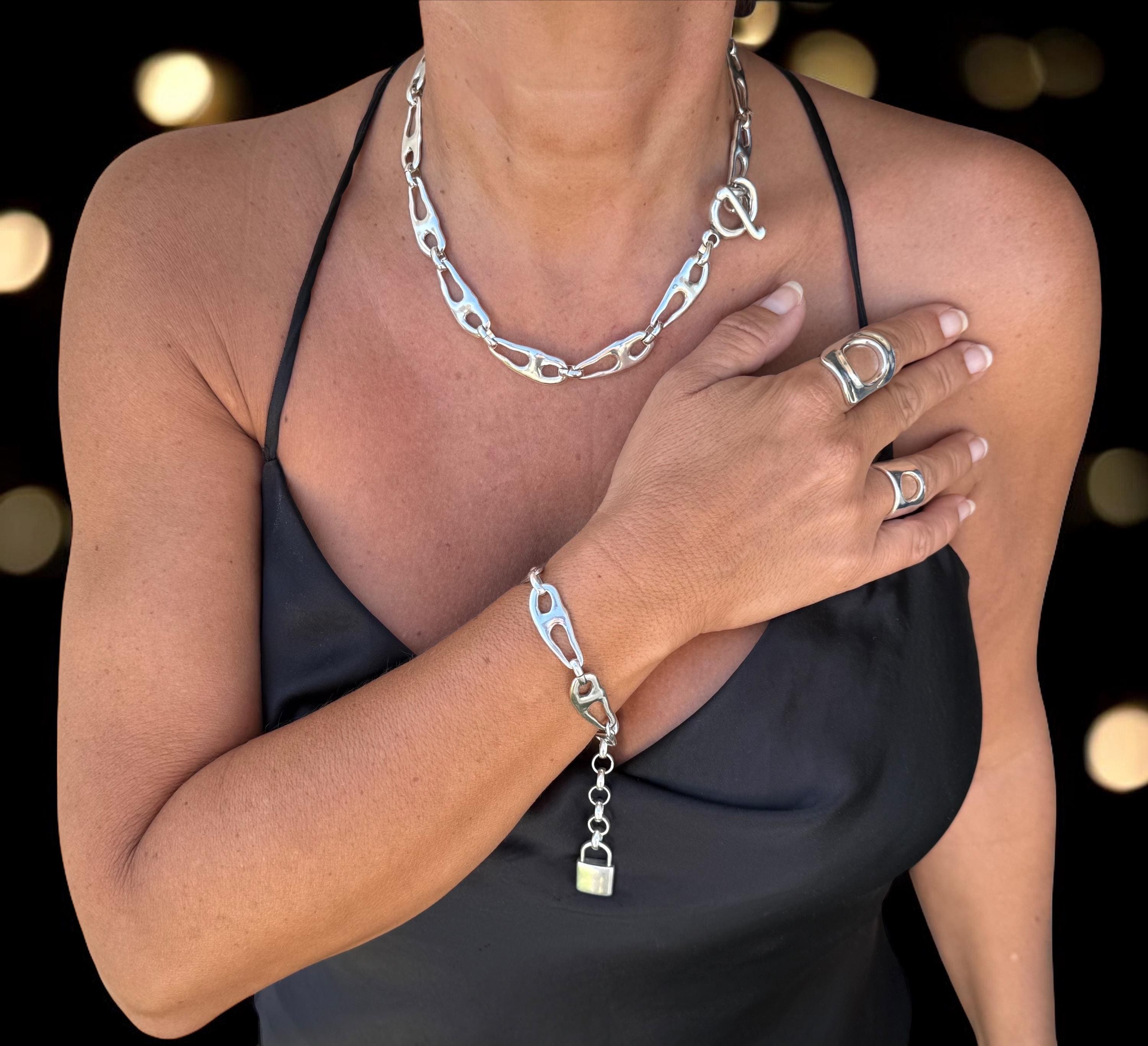 Chunky Silver Organic Link Bracelet – “Love” Padlock Charm – Adjustable Statement Jewelry – Kukuri Jewelry