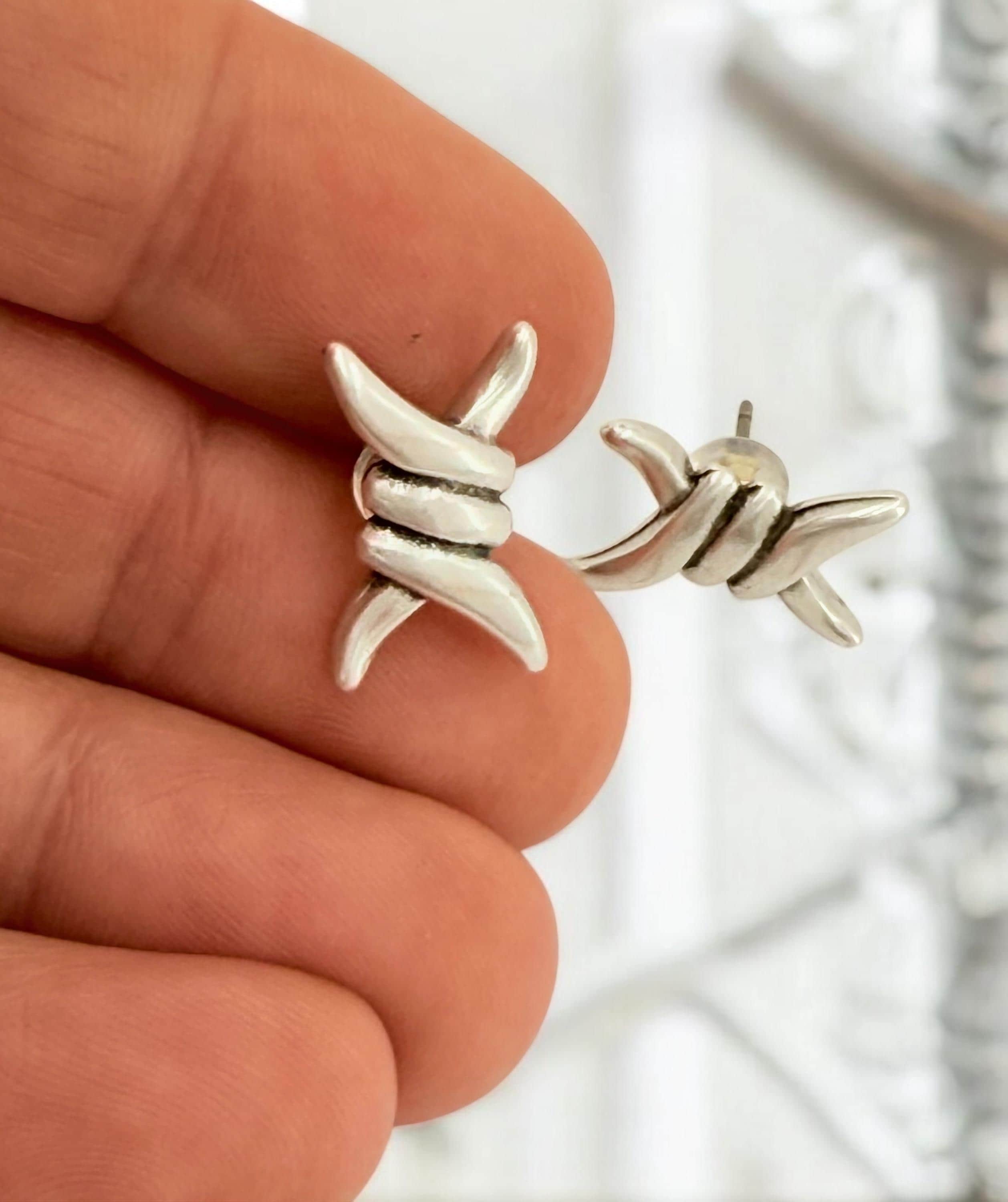 Barbed Wire Silver Earrings – Handmade Industrial Statement Jewelry, unisex earrings,