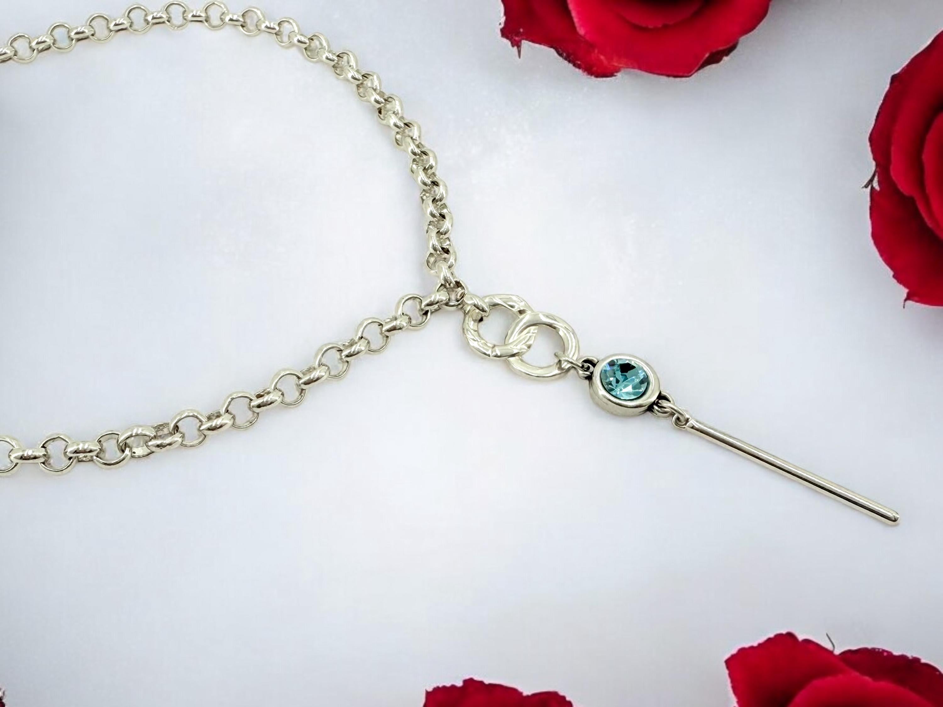 Lariat silver chain necklace with Swarovski crystal pendant, Y necklace, chunky silver rolo chain necklace, uno de 50 style, present for her