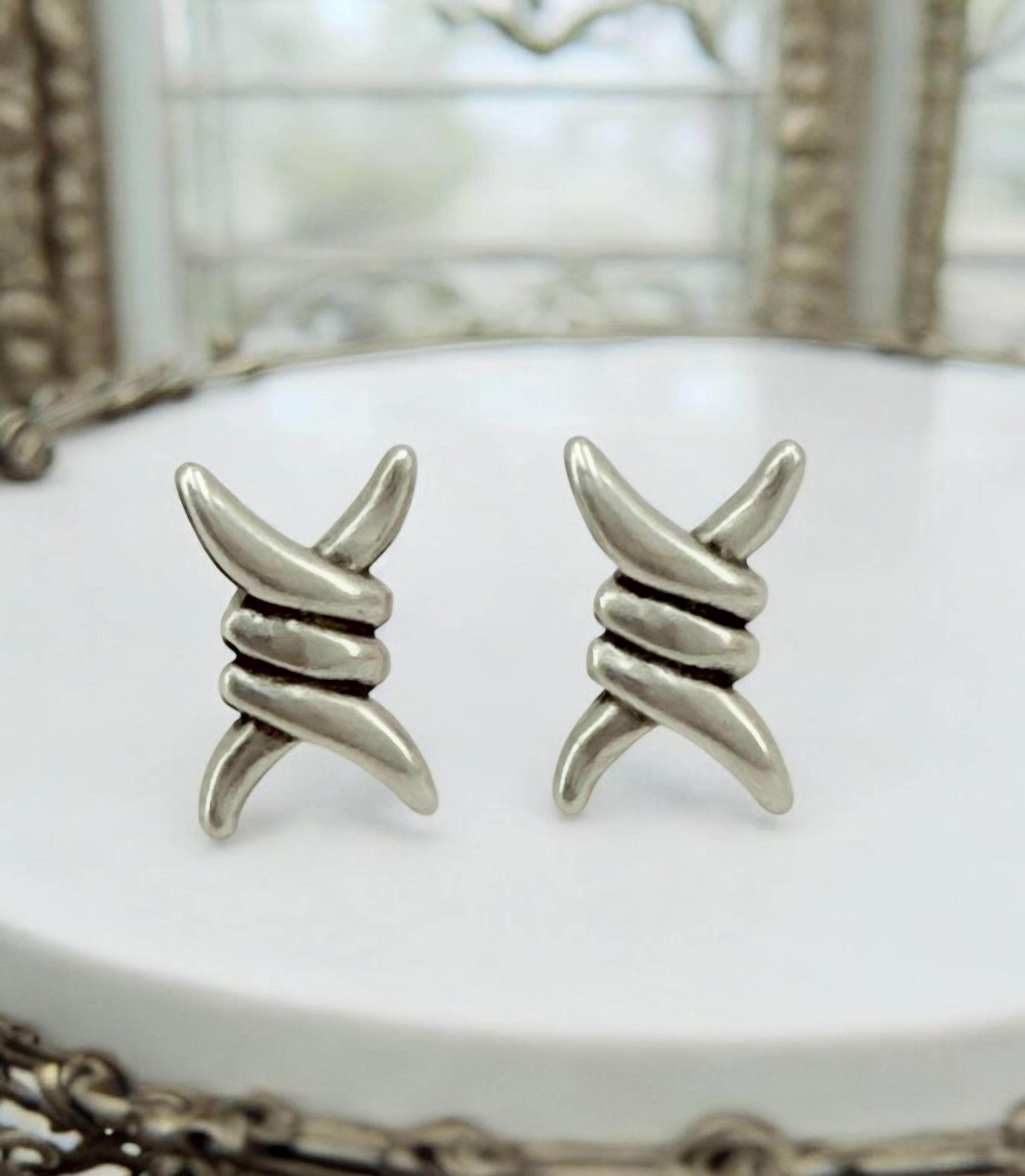 Barbed Wire Silver Earrings – Handmade Industrial Statement Jewelry, unisex earrings,