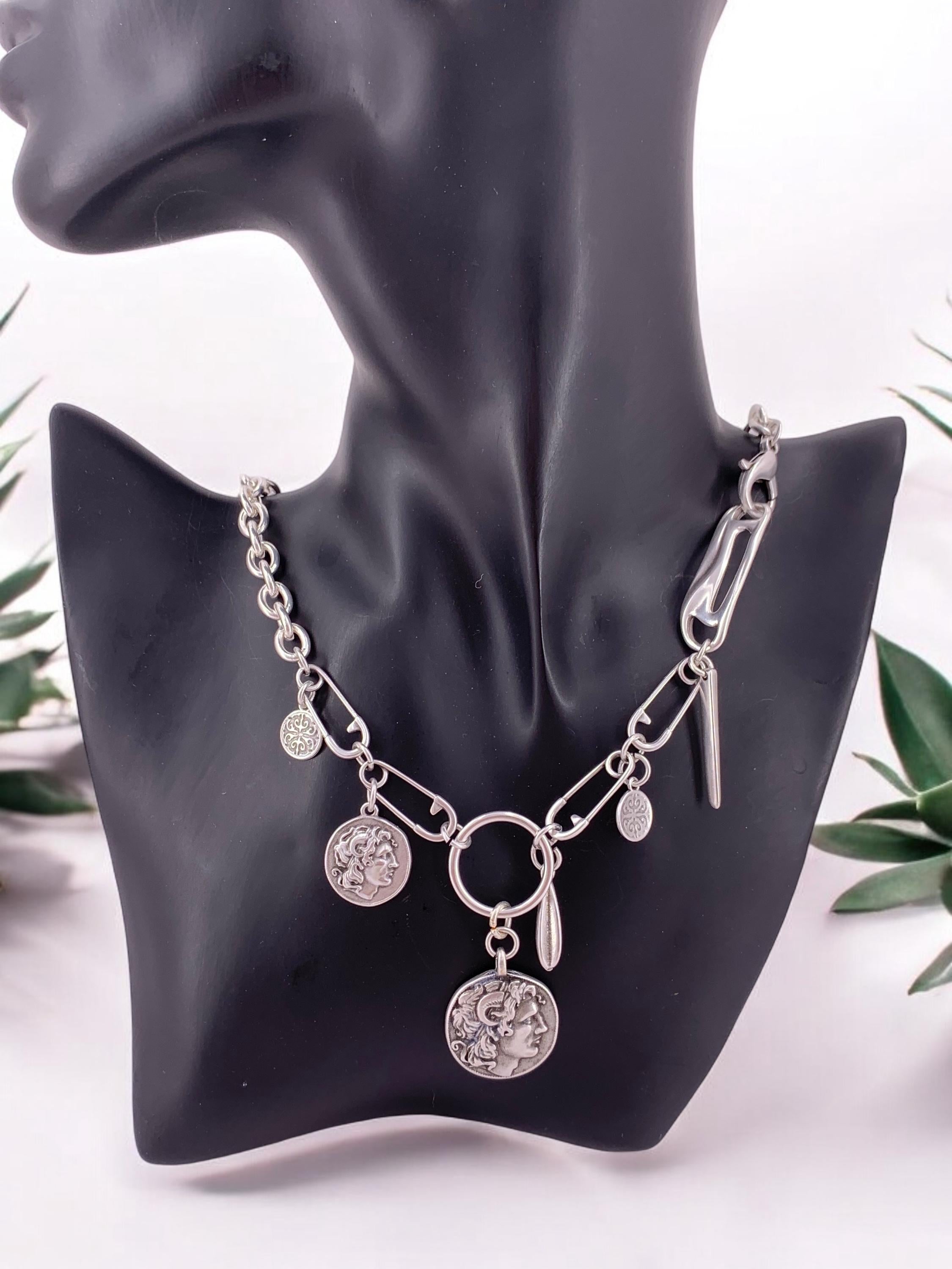 Chunky silver necklace whit charm and Greek coin pendant, original chain necklace, extravagant chain necklace, silver original necklace,