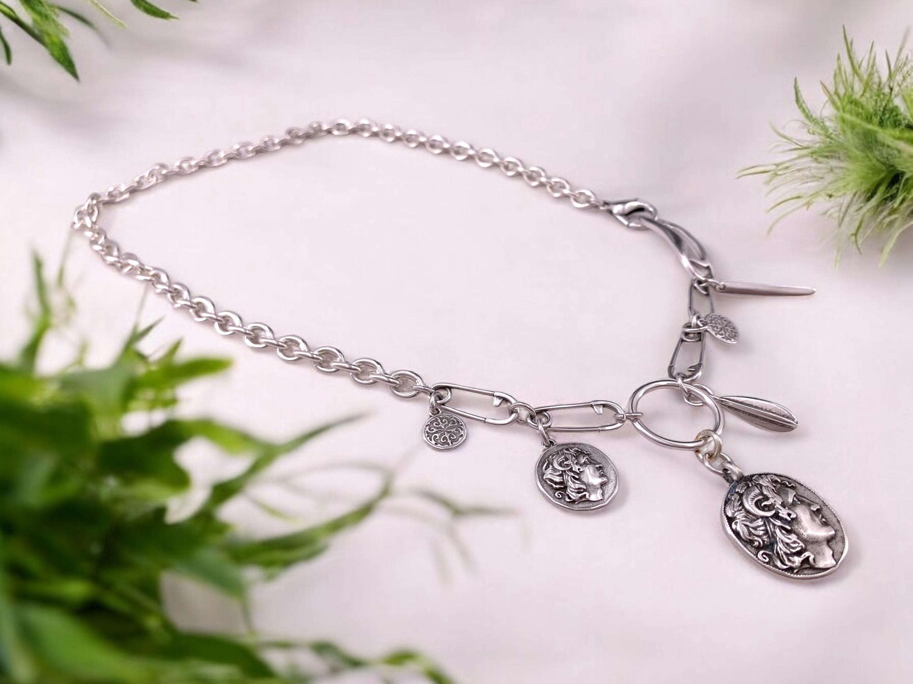 Chunky silver necklace whit charm and Greek coin pendant, original chain necklace, extravagant chain necklace, silver original necklace,