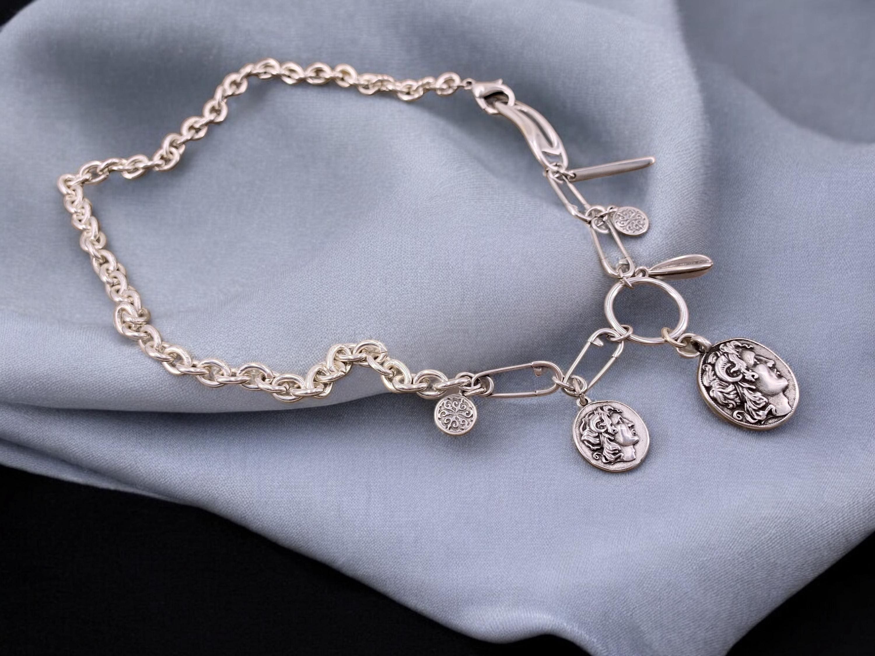 Chunky silver necklace whit charm and Greek coin pendant, original chain necklace, extravagant chain necklace, silver original necklace,