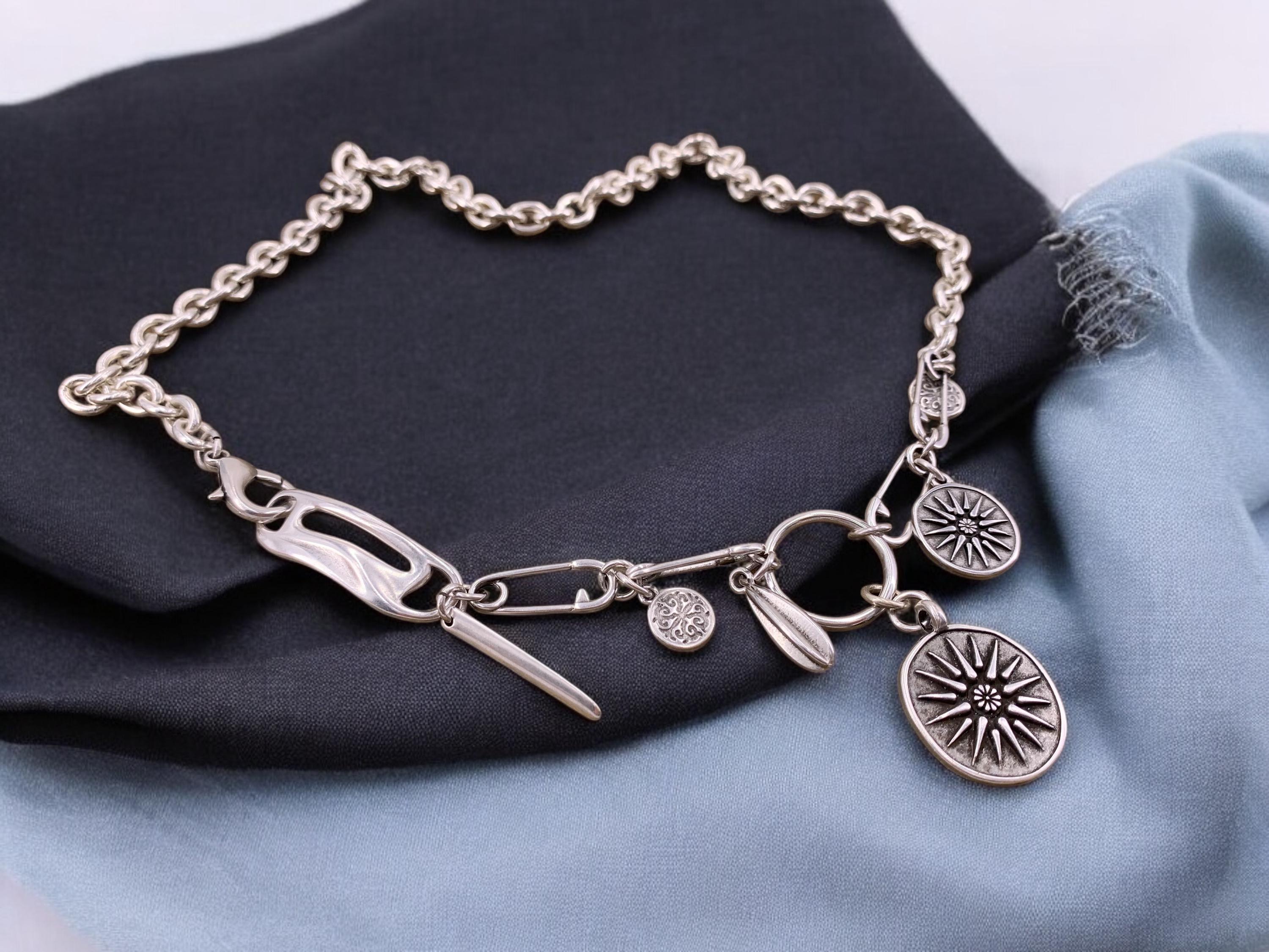 Chunky silver necklace whit charm and Greek coin pendant, original chain necklace, extravagant chain necklace, silver original necklace,
