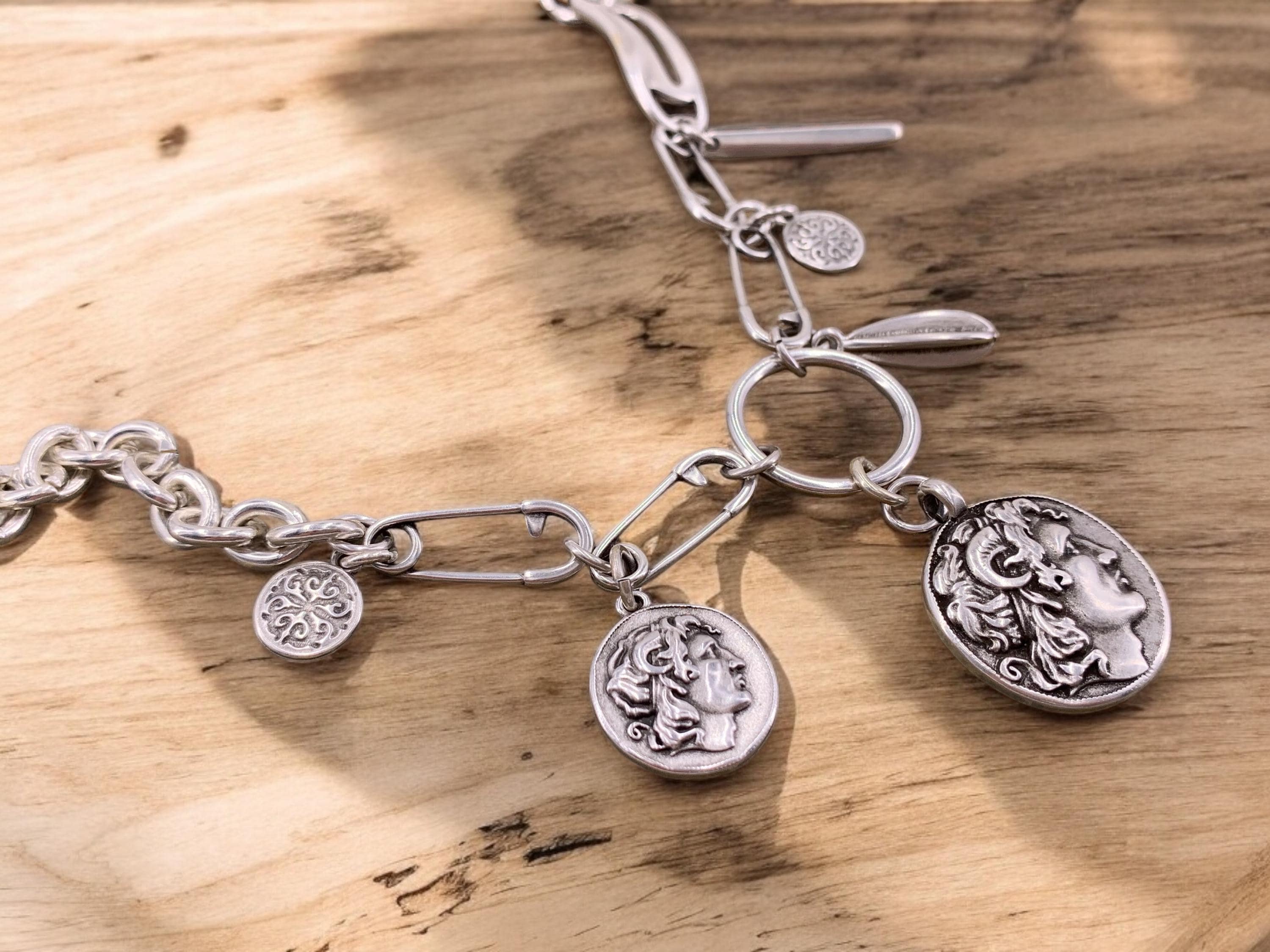 Chunky silver necklace whit charm and Greek coin pendant, original chain necklace, extravagant chain necklace, silver original necklace,