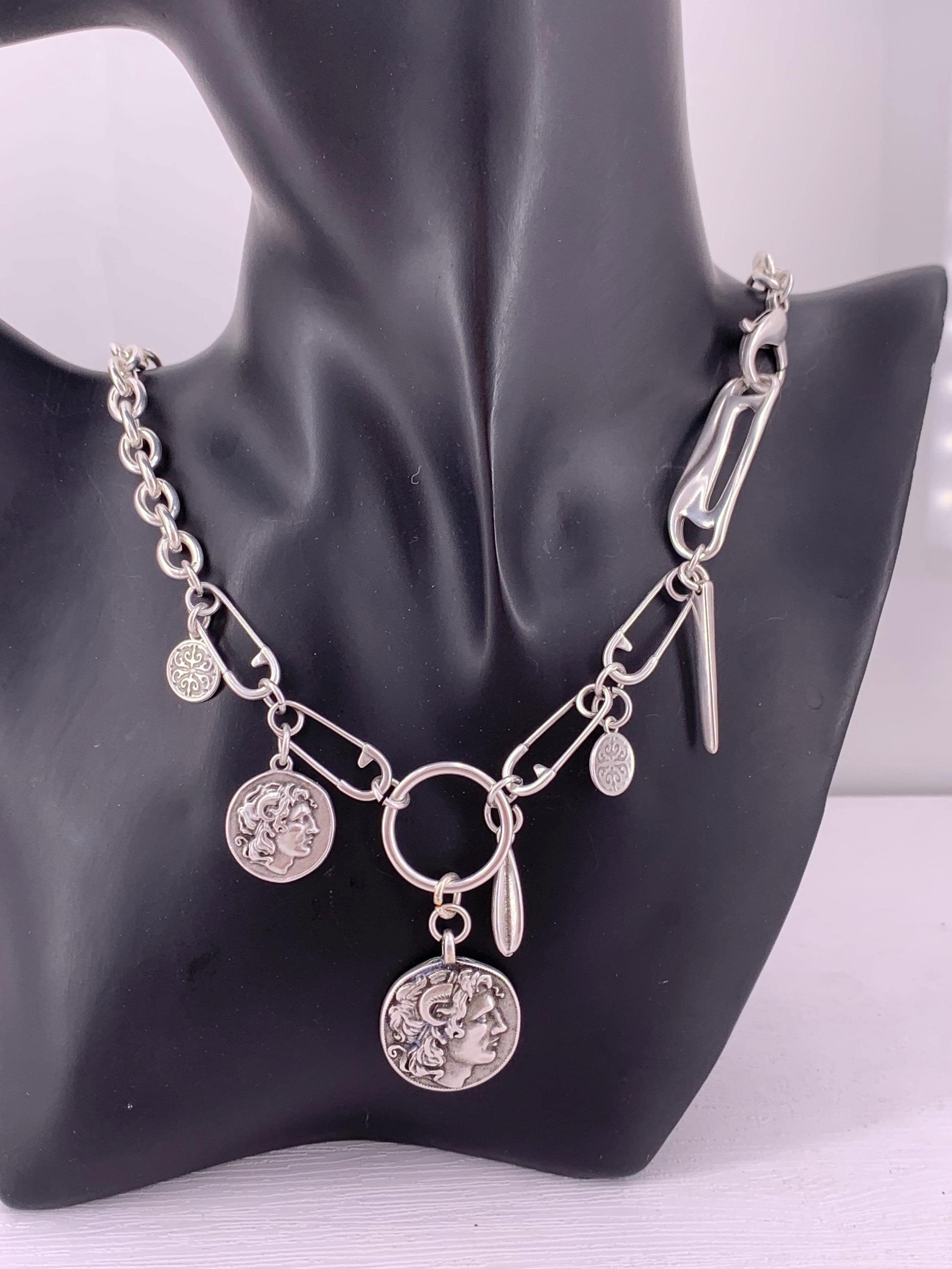 Chunky silver necklace whit charm and Greek coin pendant, original chain necklace, extravagant chain necklace, silver original necklace,