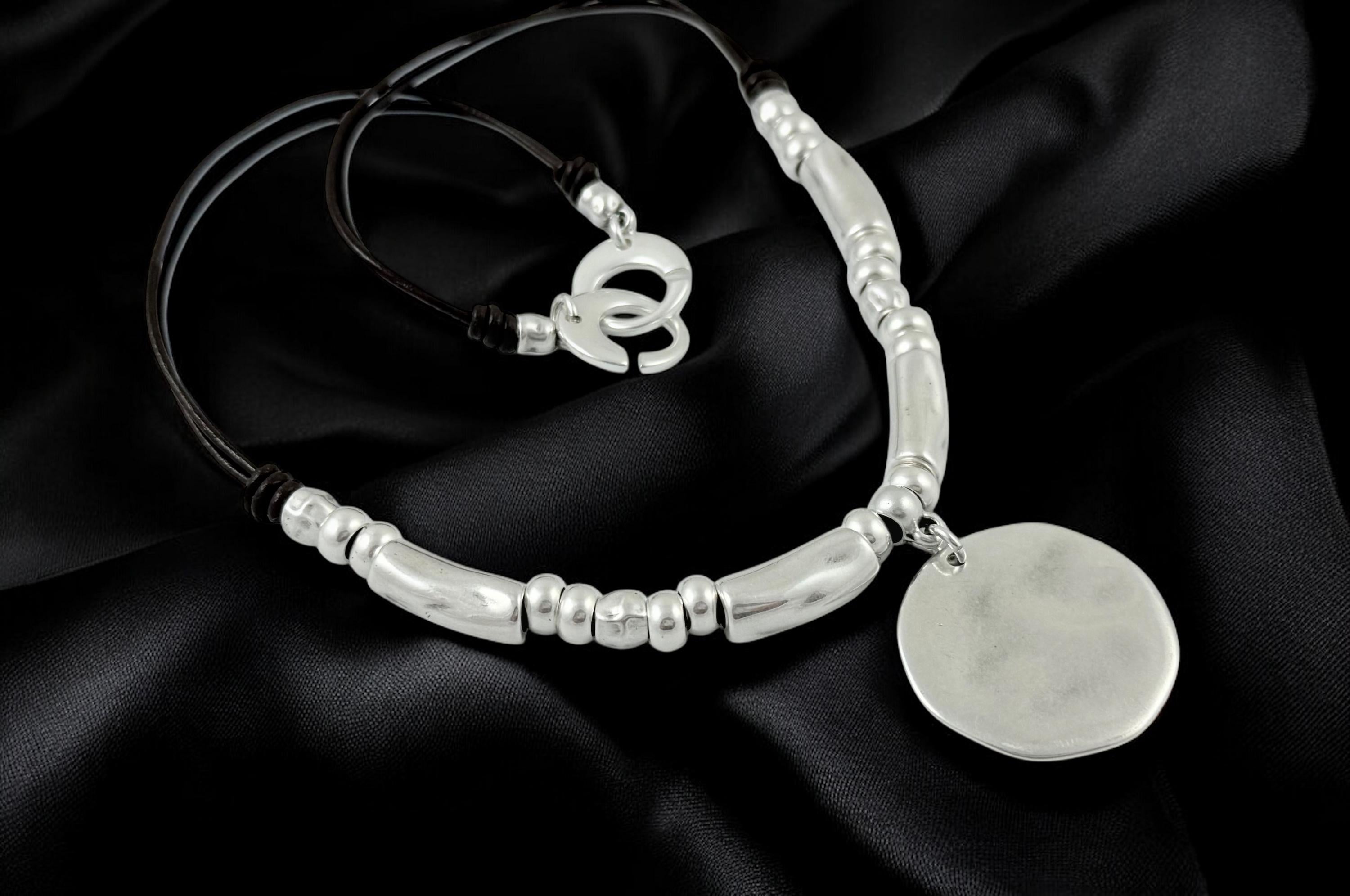 Chunky silver necklace, women necklace, disc pendant necklace, bohemian necklace, leather necklace, bold silver necklace, gift for her,