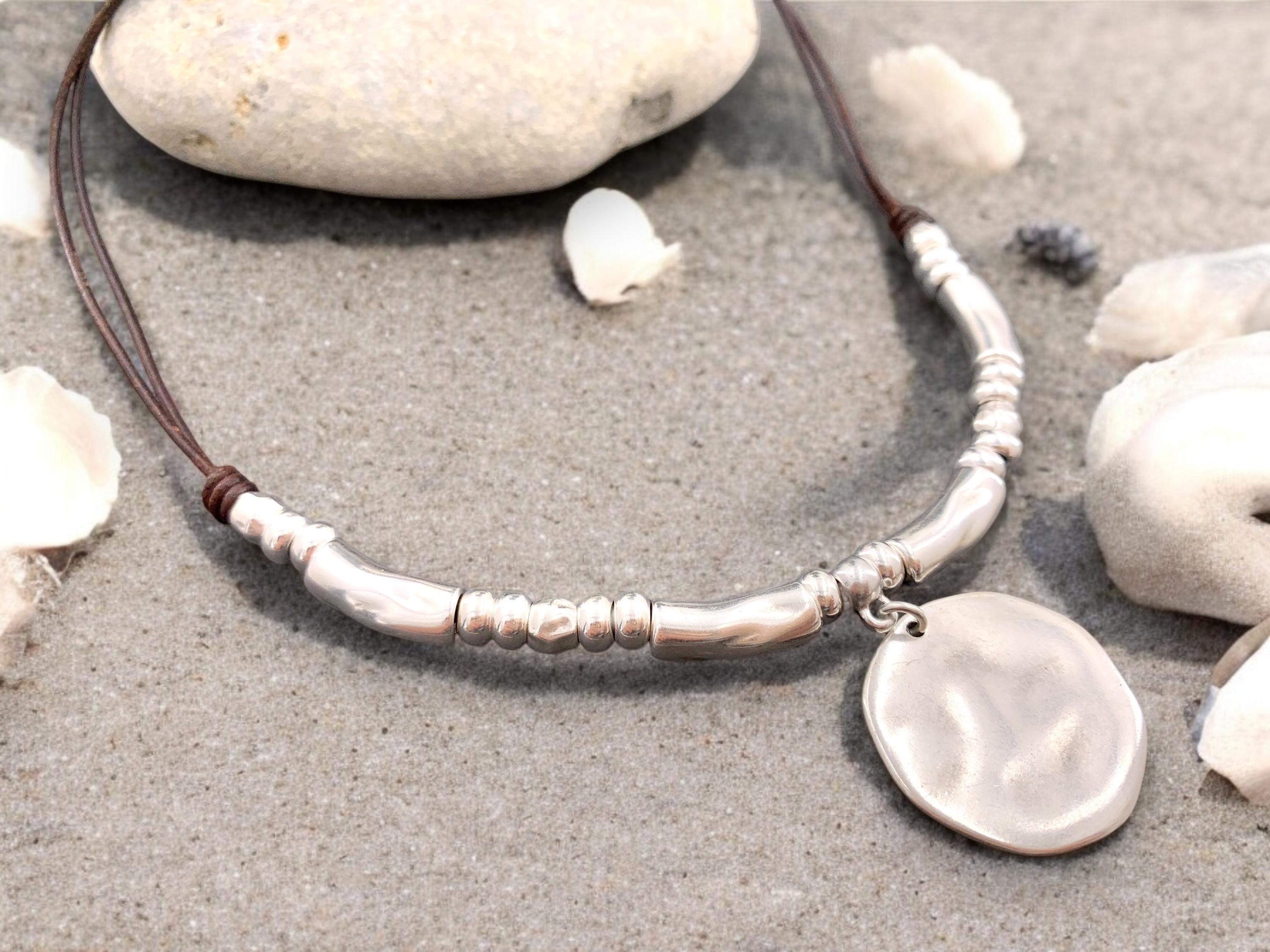 Chunky silver necklace, women necklace, disc pendant necklace, bohemian necklace, leather necklace, bold silver necklace, gift for her,