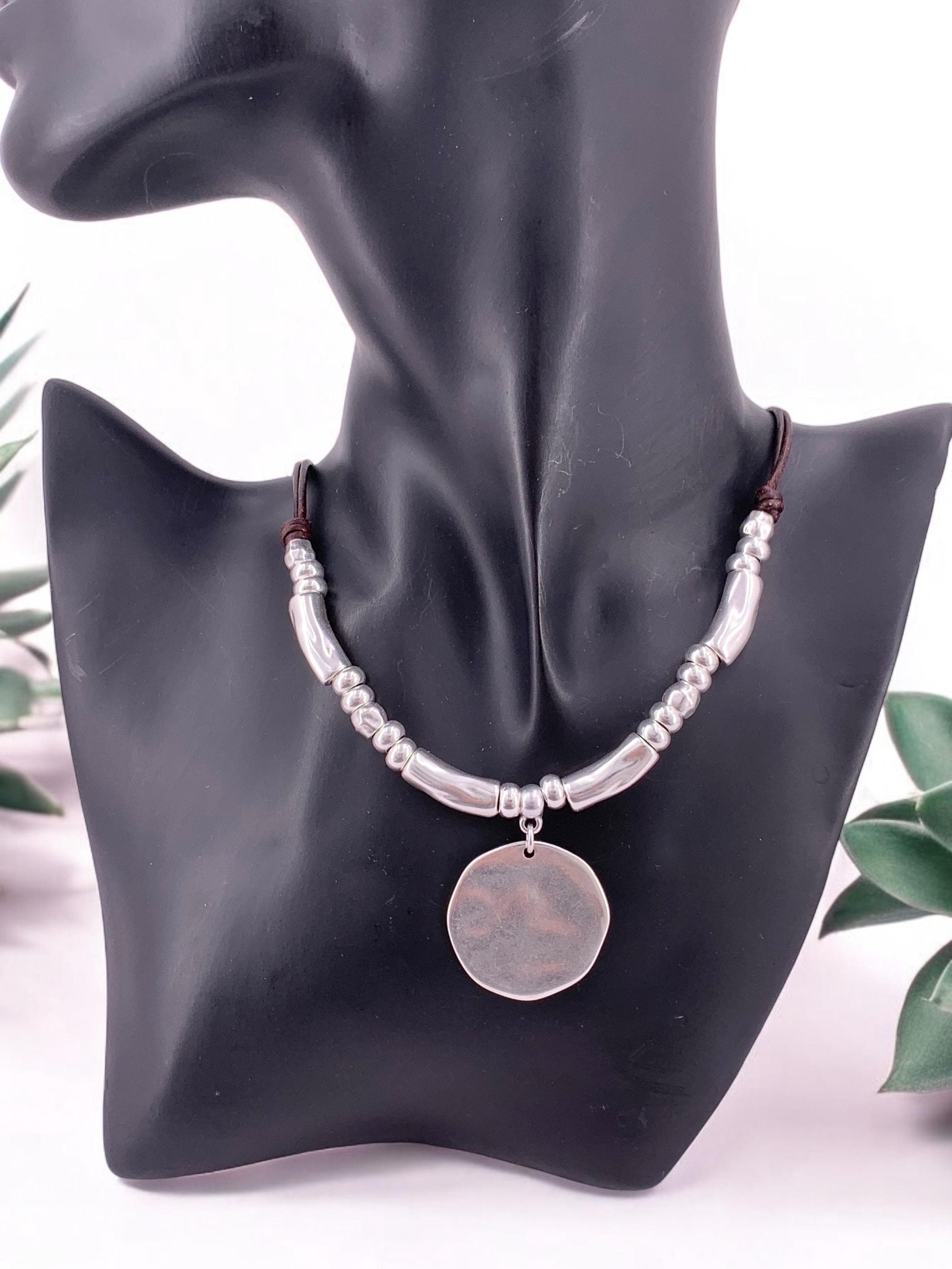 Chunky silver necklace, women necklace, disc pendant necklace, bohemian necklace, leather necklace, bold silver necklace, gift for her,