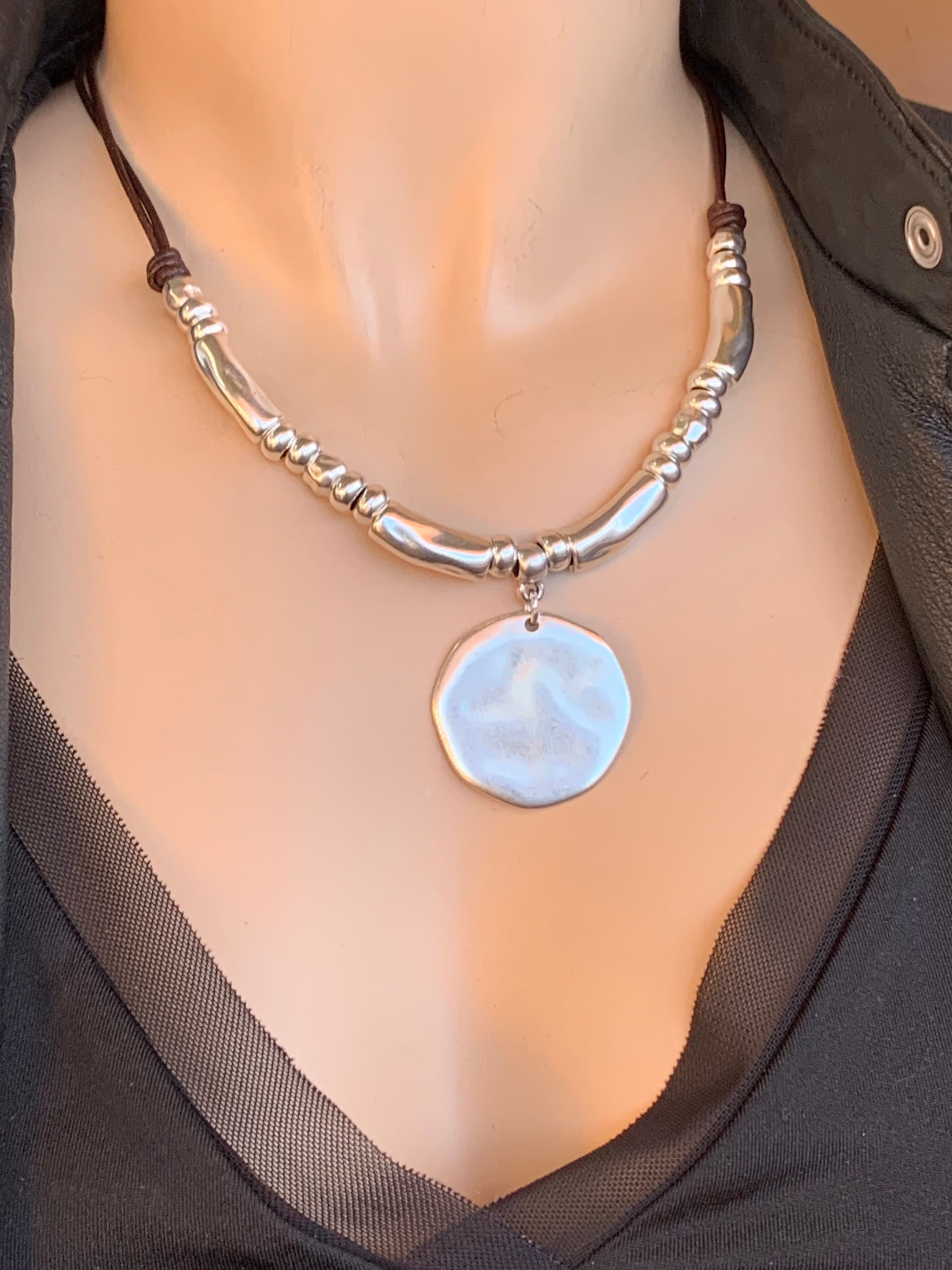 Chunky silver necklace, women necklace, disc pendant necklace, bohemian necklace, leather necklace, bold silver necklace, gift for her,