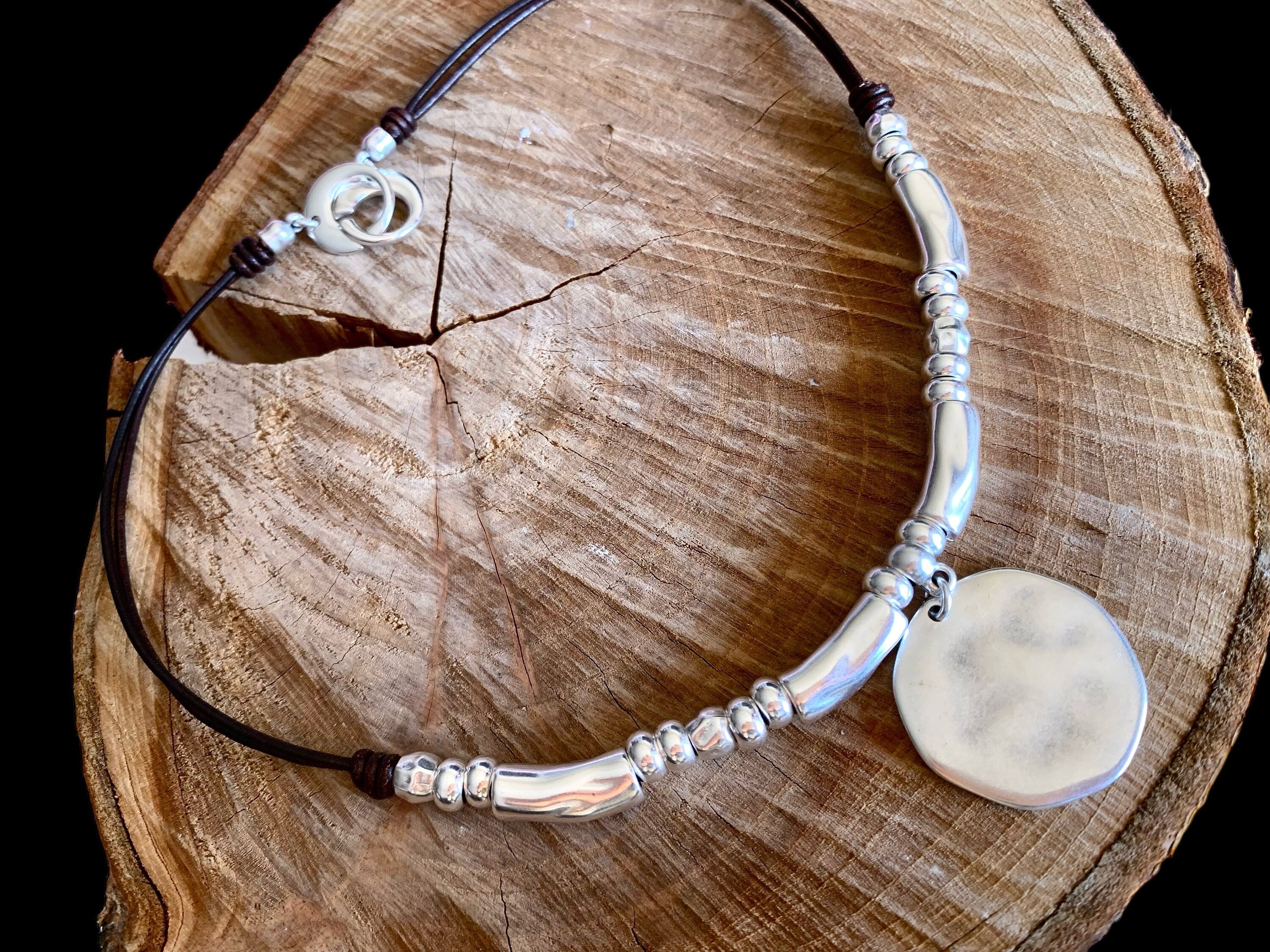 Chunky silver necklace, women necklace, disc pendant necklace, bohemian necklace, leather necklace, bold silver necklace, gift for her,