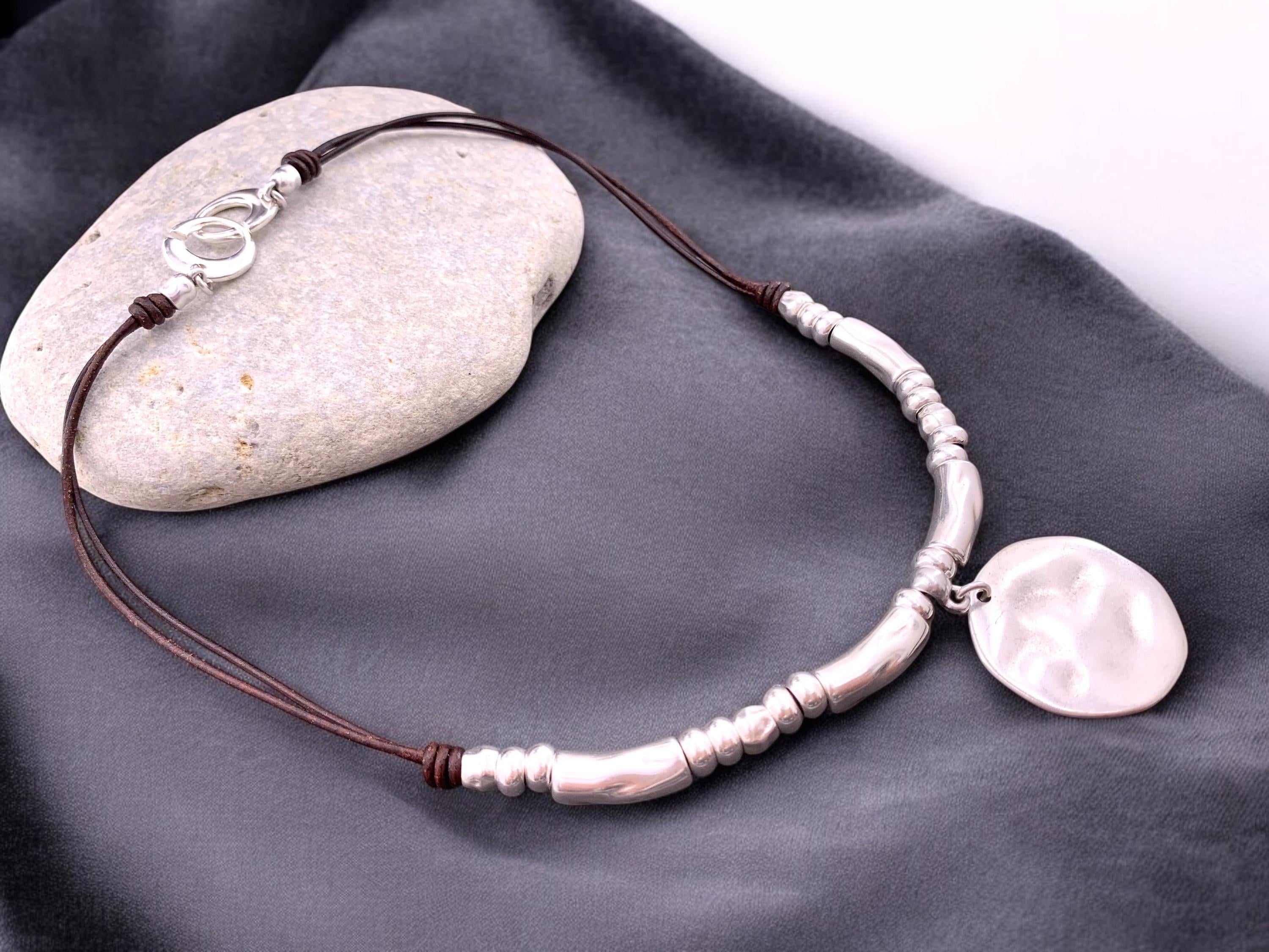 Chunky silver necklace, women necklace, disc pendant necklace, bohemian necklace, leather necklace, bold silver necklace, gift for her,