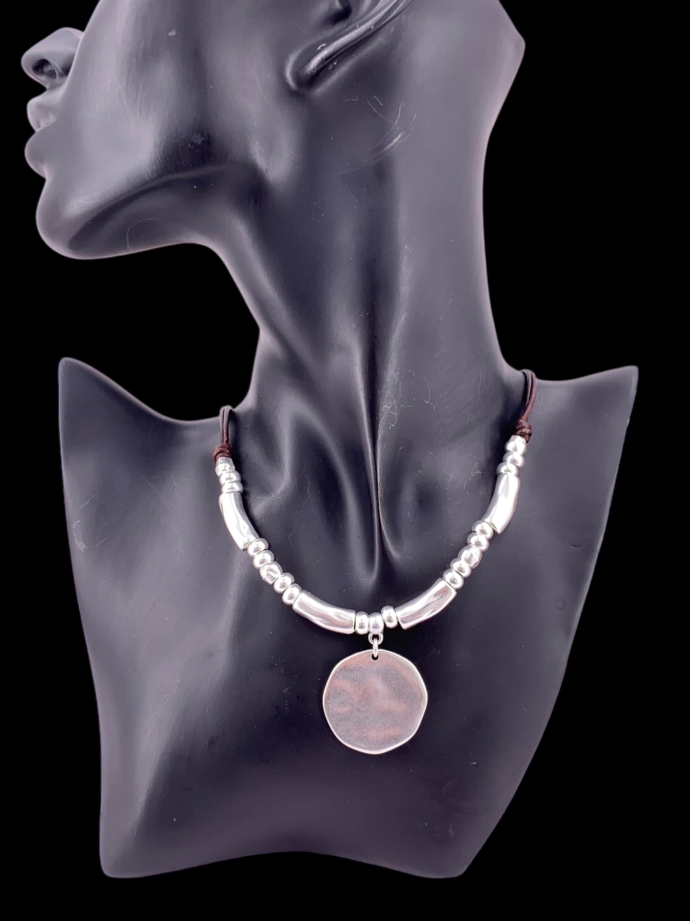 Chunky silver necklace, women necklace, disc pendant necklace, bohemian necklace, leather necklace, bold silver necklace, gift for her,