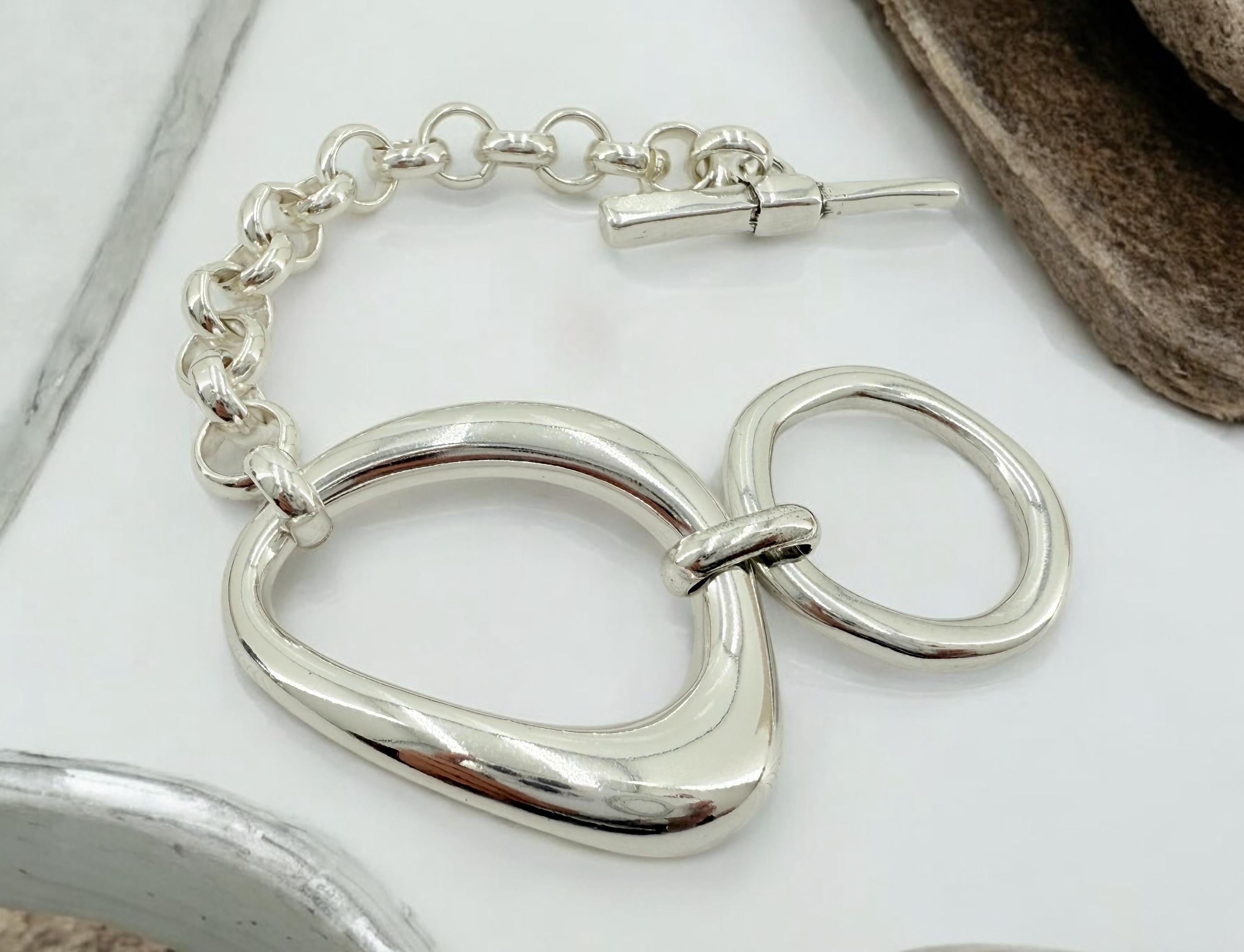 Chunky silver toggle clasp oversized bracelet, bold rock style cuff, industrial jewelry