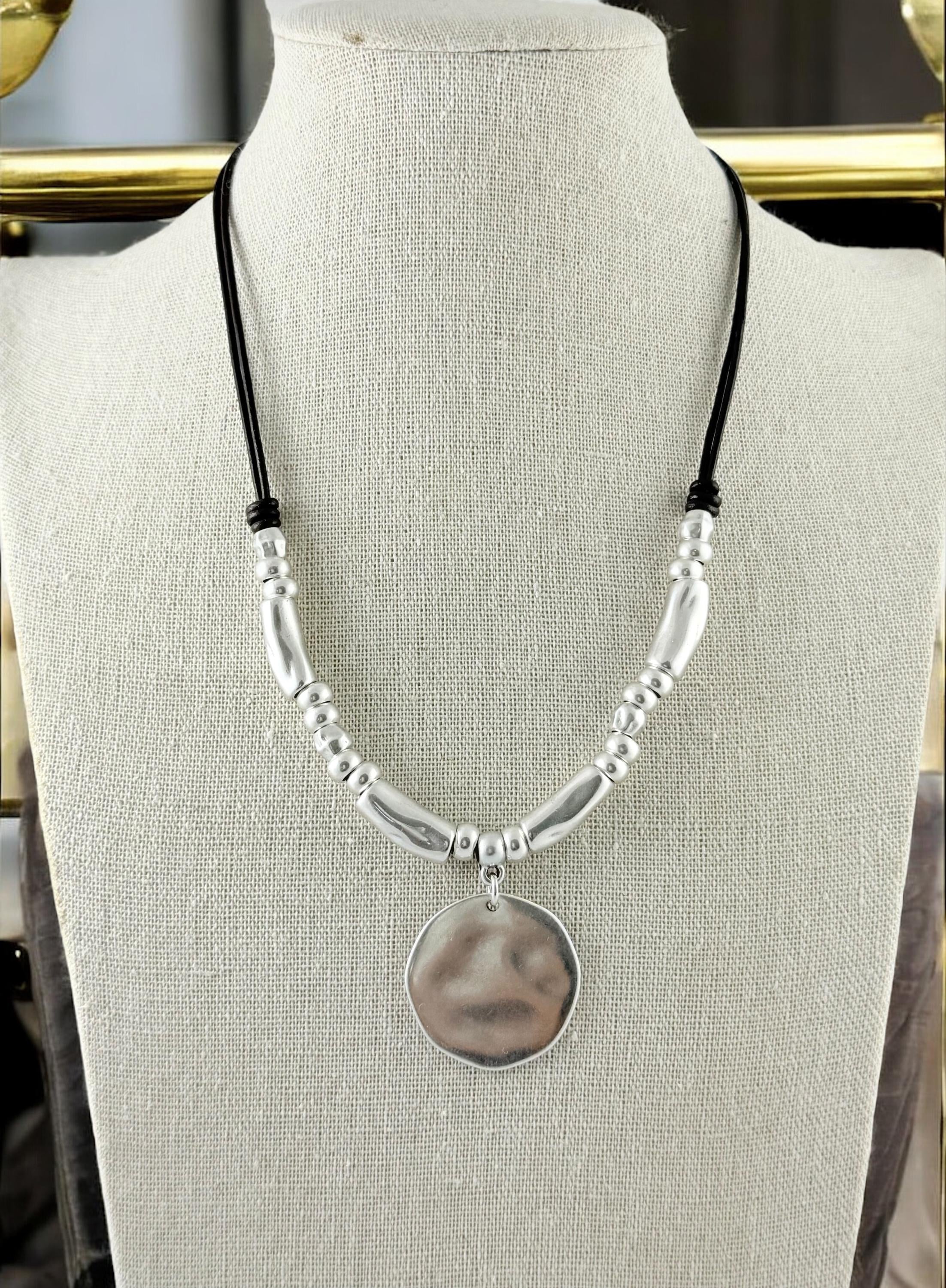 Chunky silver necklace, women necklace, disc pendant necklace, bohemian necklace, leather necklace, bold silver necklace, gift for her,