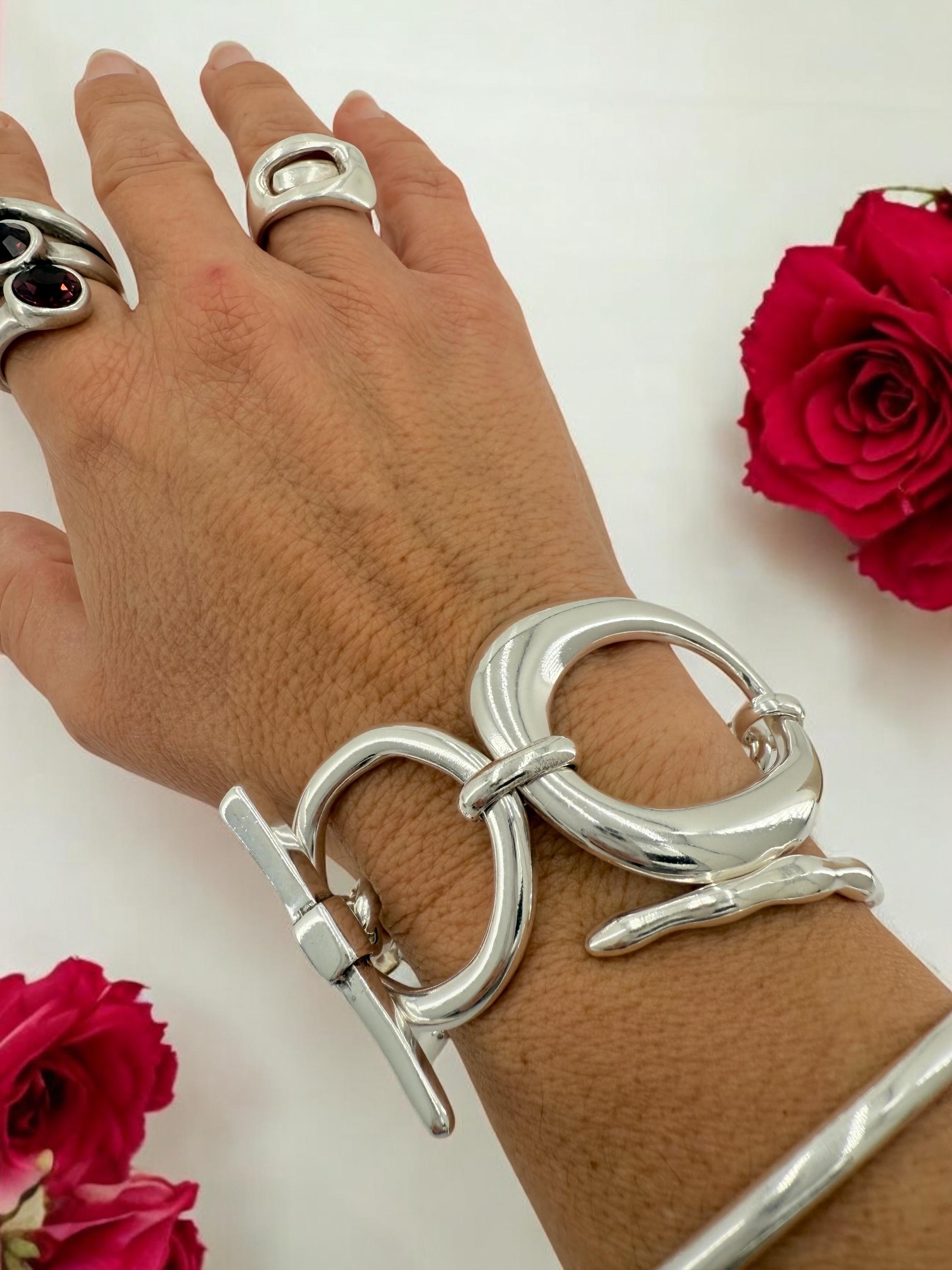 Chunky silver toggle clasp oversized bracelet, bold rock style cuff, industrial jewelry