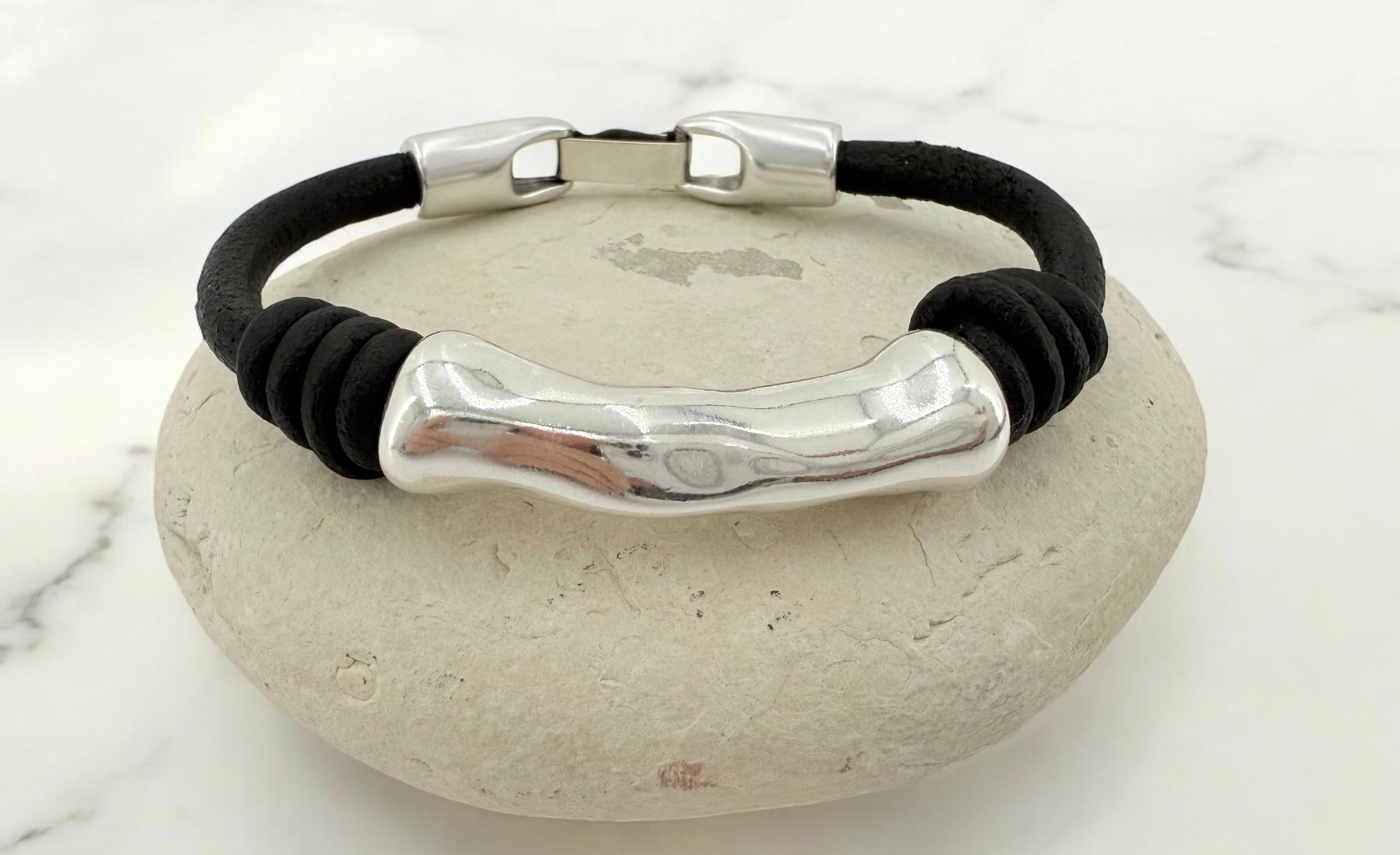 leather bracelet for men, silver masculine bracelet, bohemian bracelet, hippie bracelet, men gift, chunky silver tube leather bracelet,