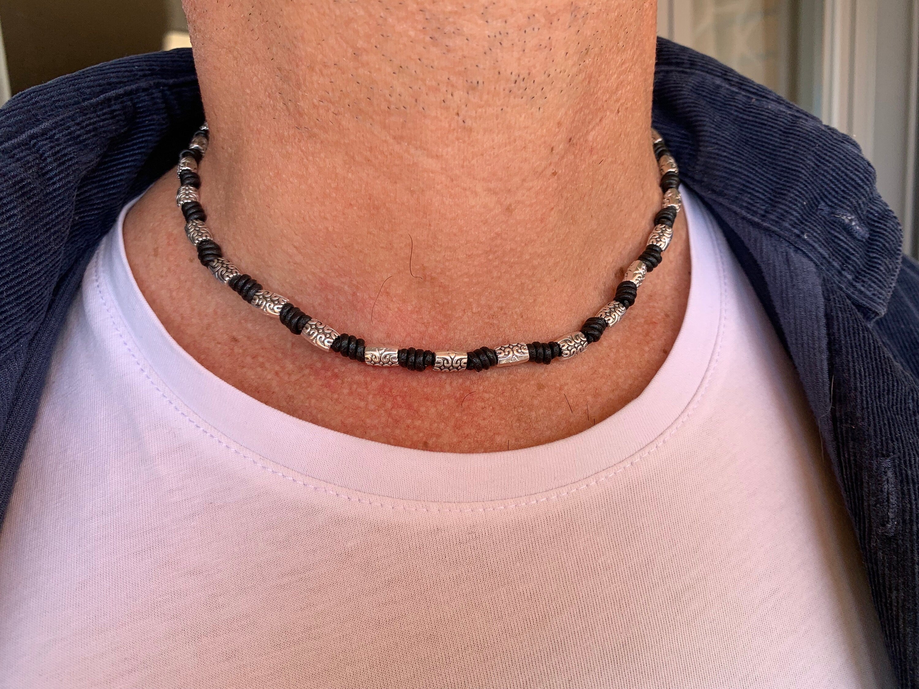 Leather necklace for men, handmade beaded leather necklace, knotted necklace for men, gift for men, bohemian necklace, tribal men necklace