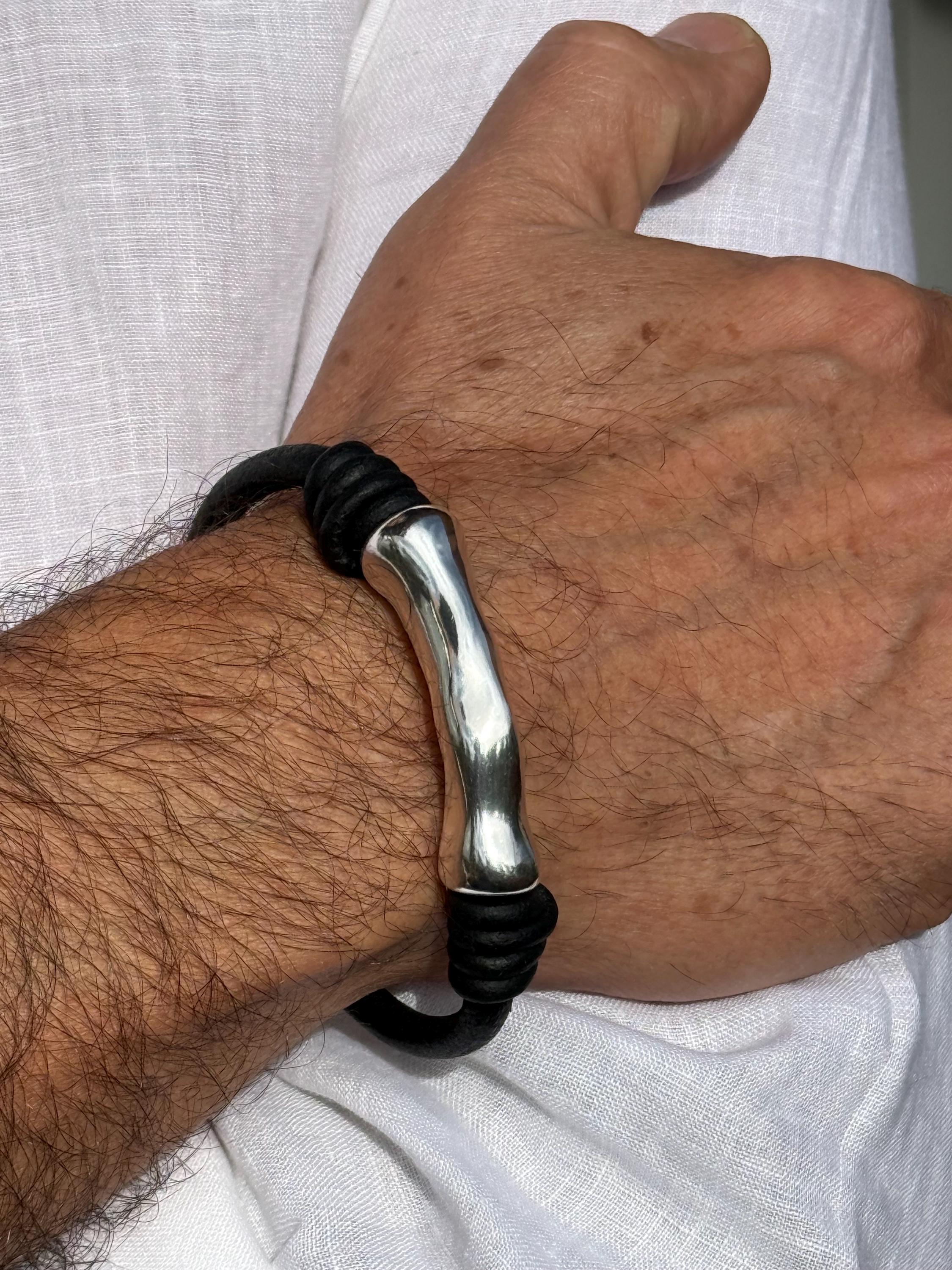 leather bracelet for men, silver masculine bracelet, bohemian bracelet, hippie bracelet, men gift, chunky silver tube leather bracelet,