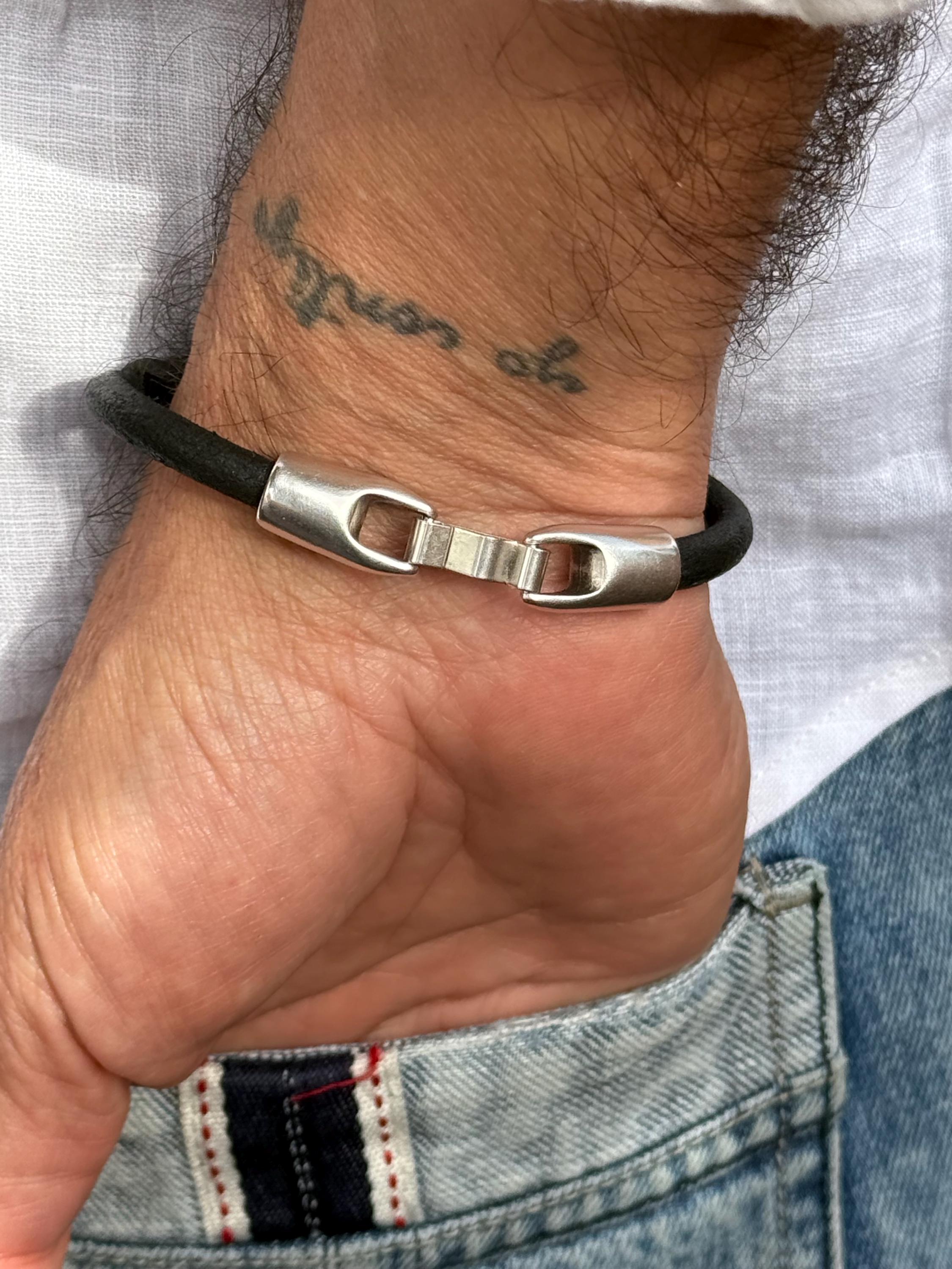 leather bracelet for men, silver masculine bracelet, bohemian bracelet, hippie bracelet, men gift, chunky silver tube leather bracelet,