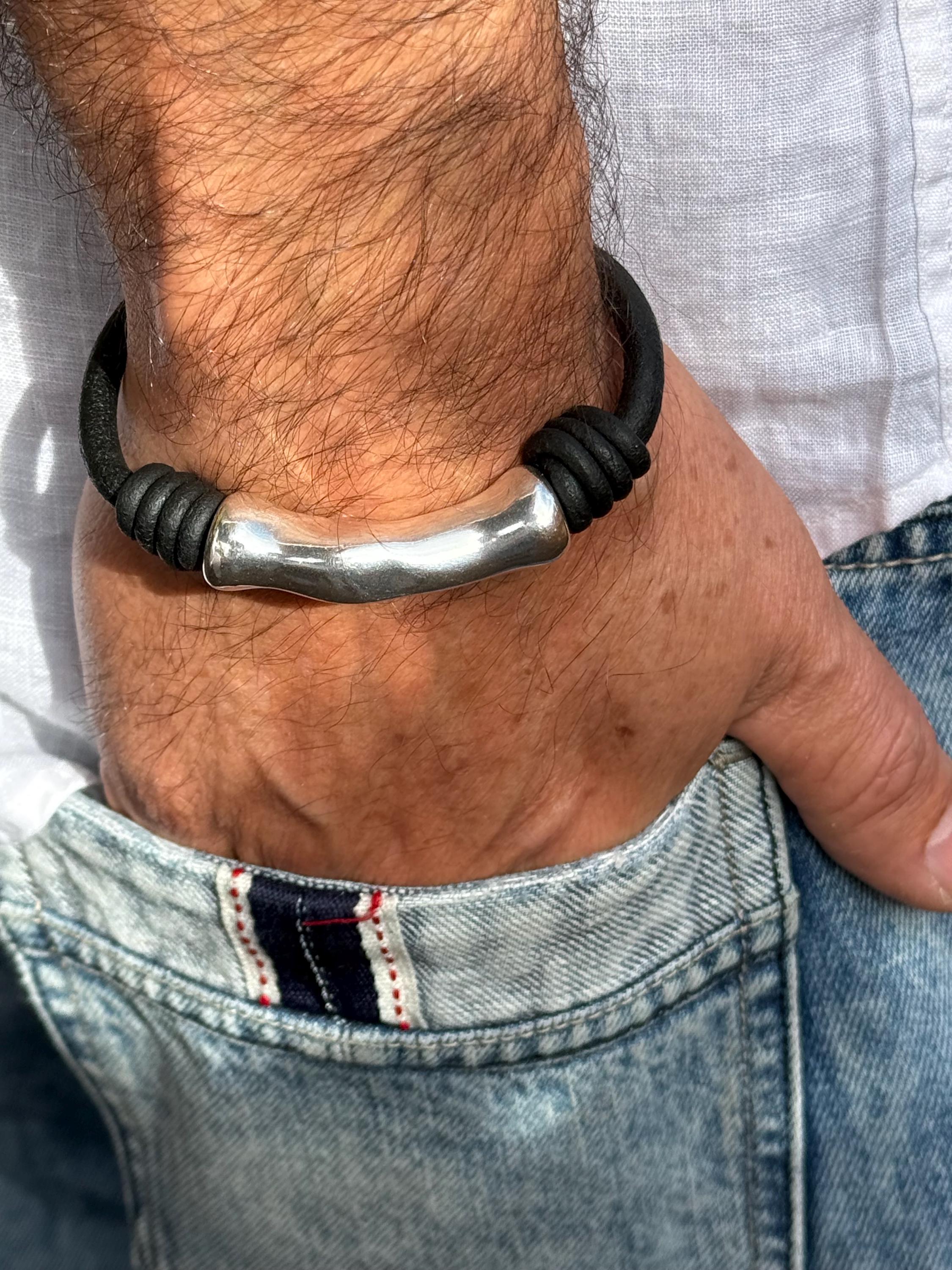 leather bracelet for men, silver masculine bracelet, bohemian bracelet, hippie bracelet, men gift, chunky silver tube leather bracelet,