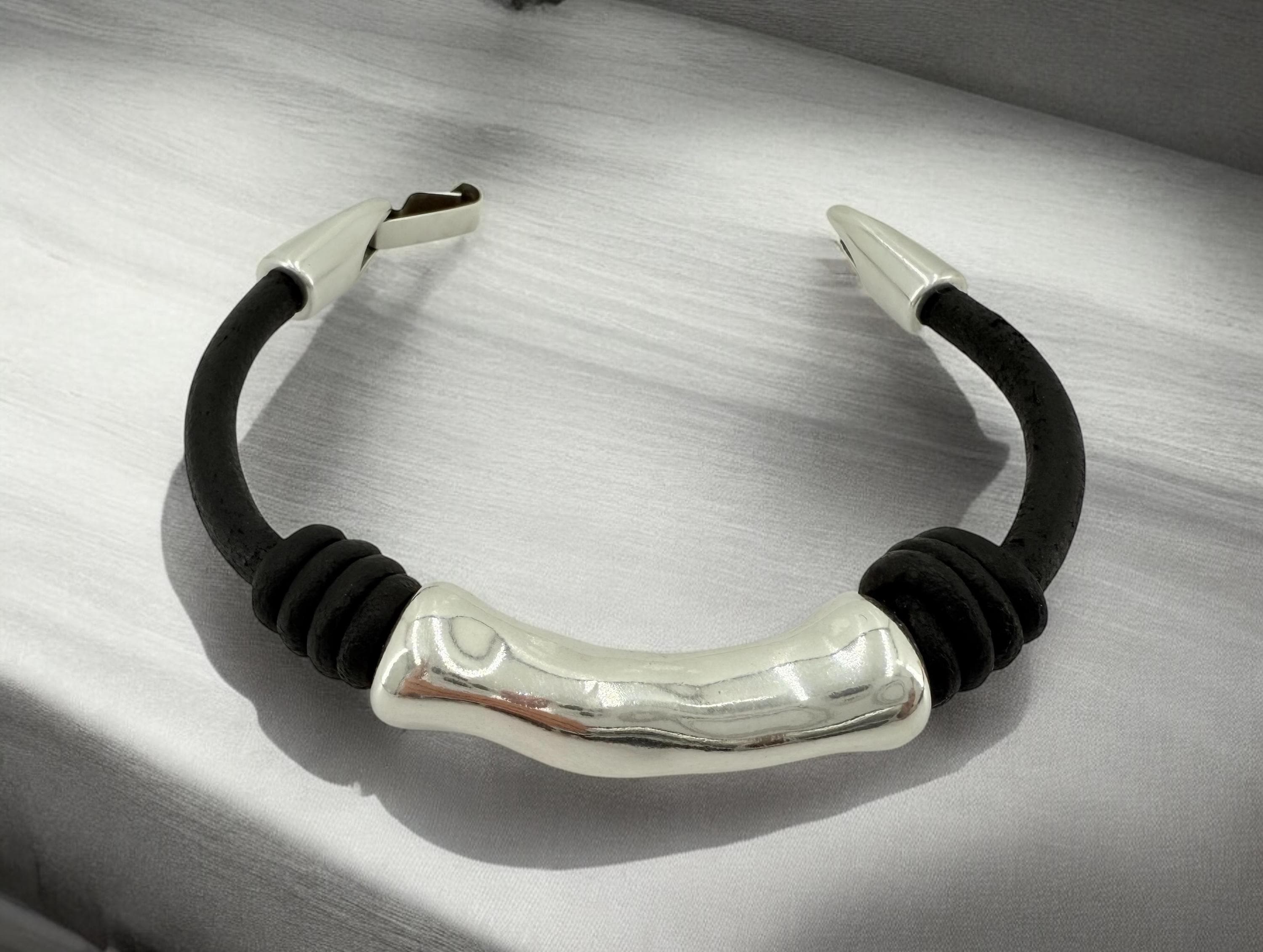 leather bracelet for men, silver masculine bracelet, bohemian bracelet, hippie bracelet, men gift, chunky silver tube leather bracelet,