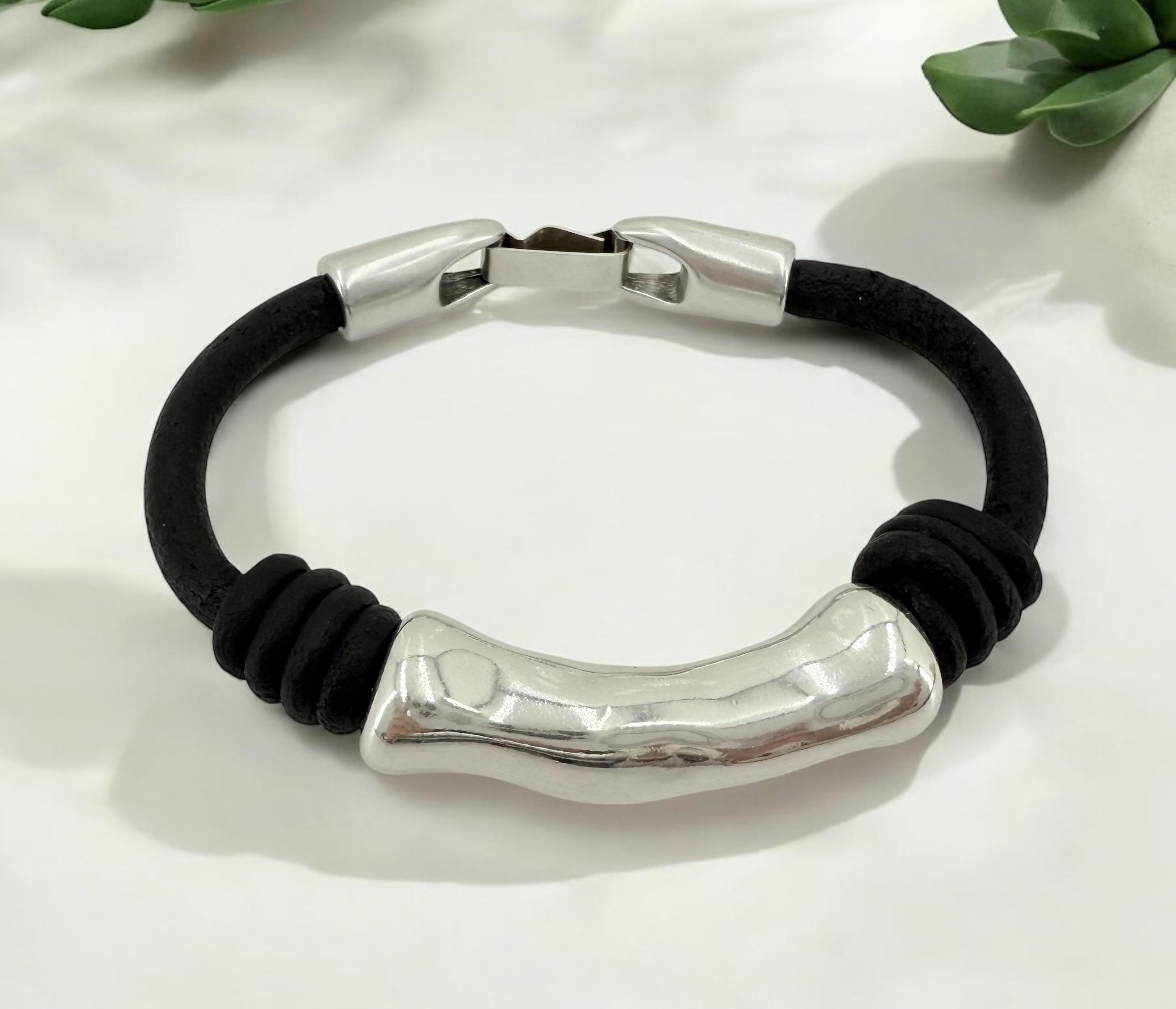 leather bracelet for men, silver masculine bracelet, bohemian bracelet, hippie bracelet, men gift, chunky silver tube leather bracelet,