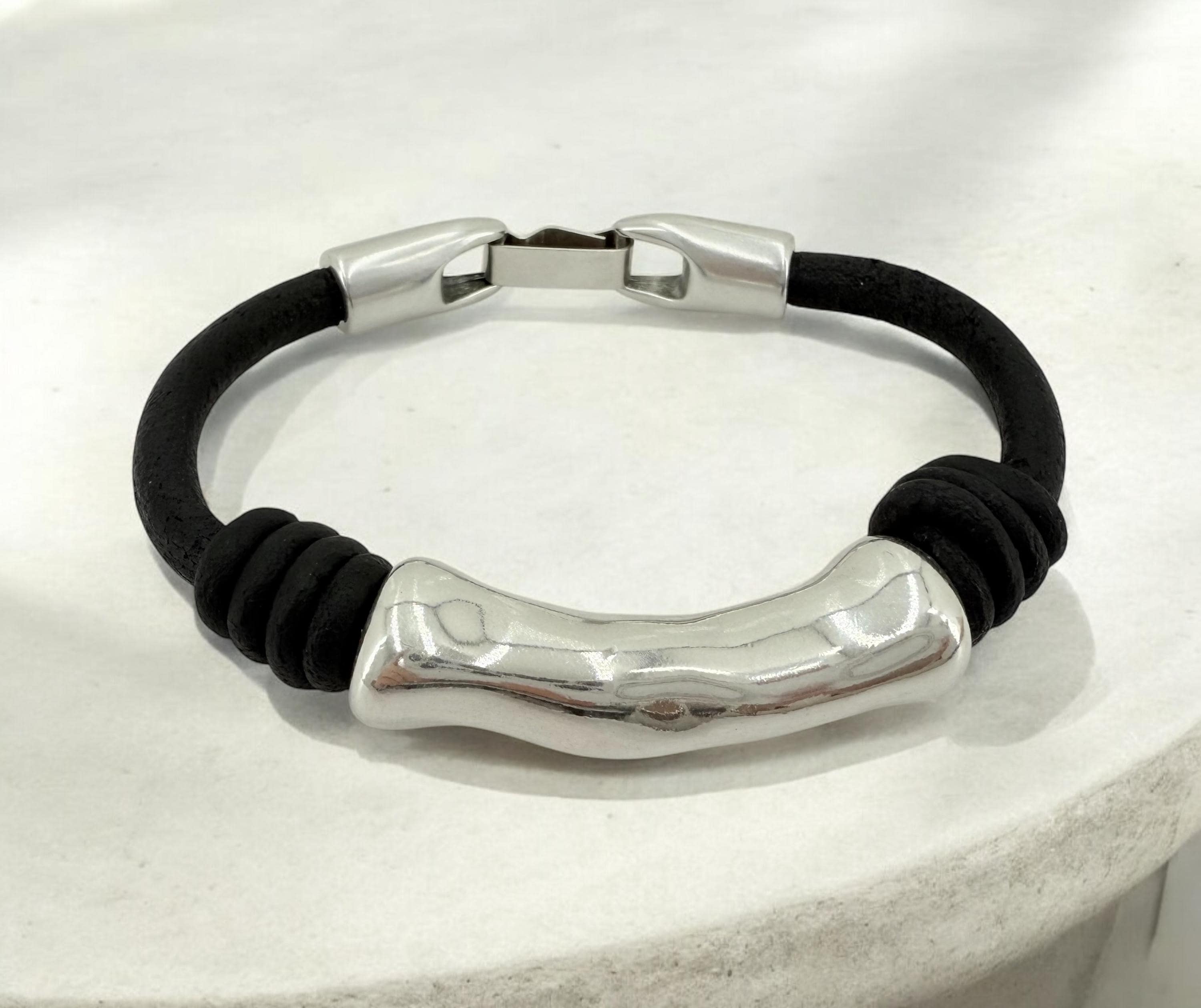 leather bracelet for men, silver masculine bracelet, bohemian bracelet, hippie bracelet, men gift, chunky silver tube leather bracelet,