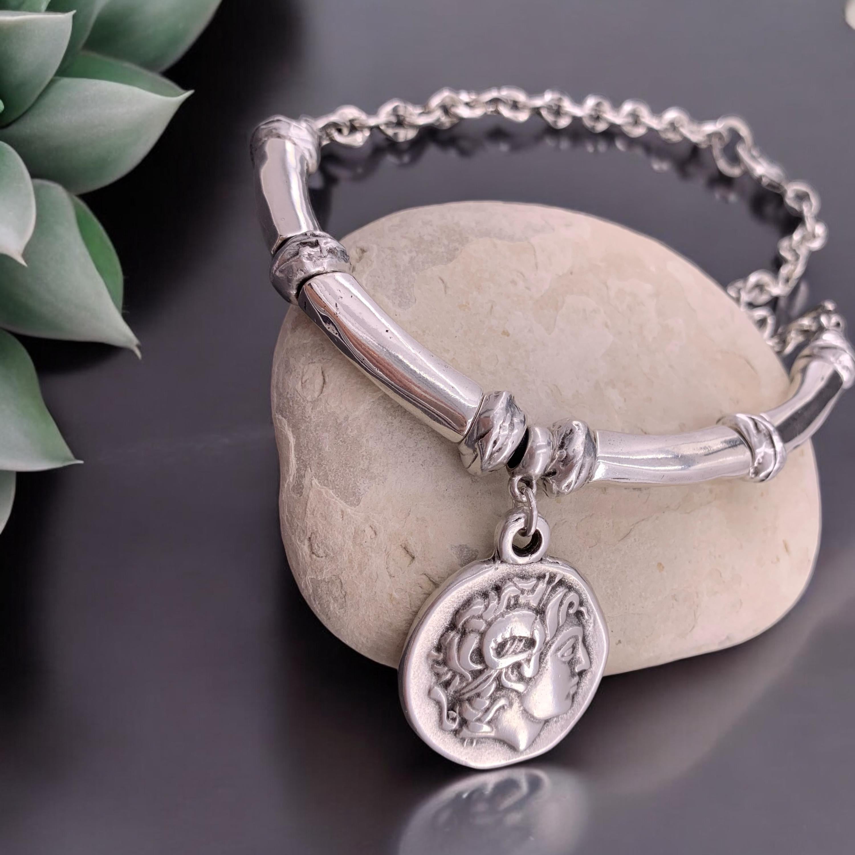 Greek coin pendant chunky silver heavy chain necklace, statement coin pendant chunky silver necklace, solid necklace, chunky necklace
