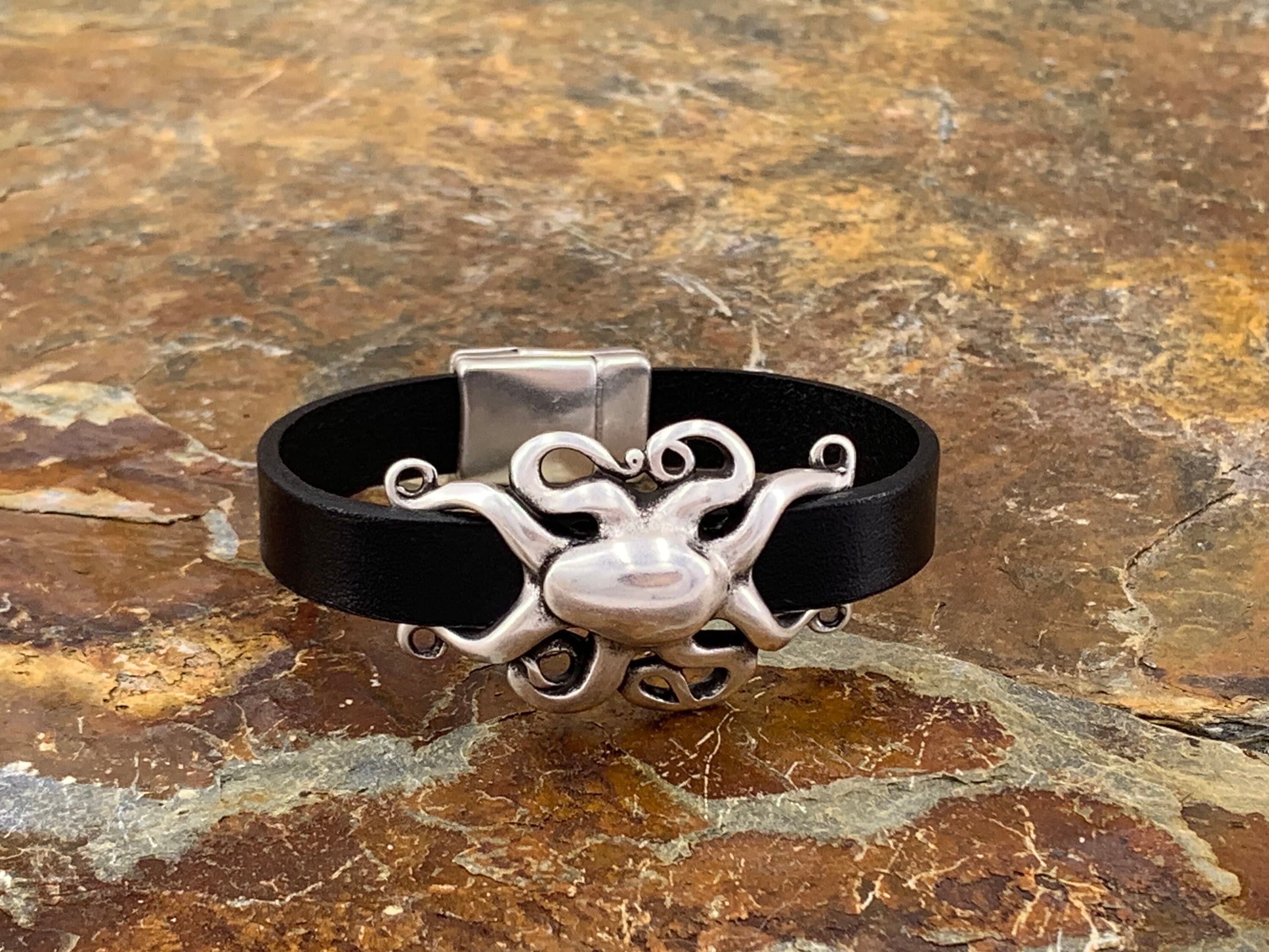 octopus unisex flat leather and silver bracelet with magnetic clasp ideal for birthday present for men and women, stylish leather bracelet