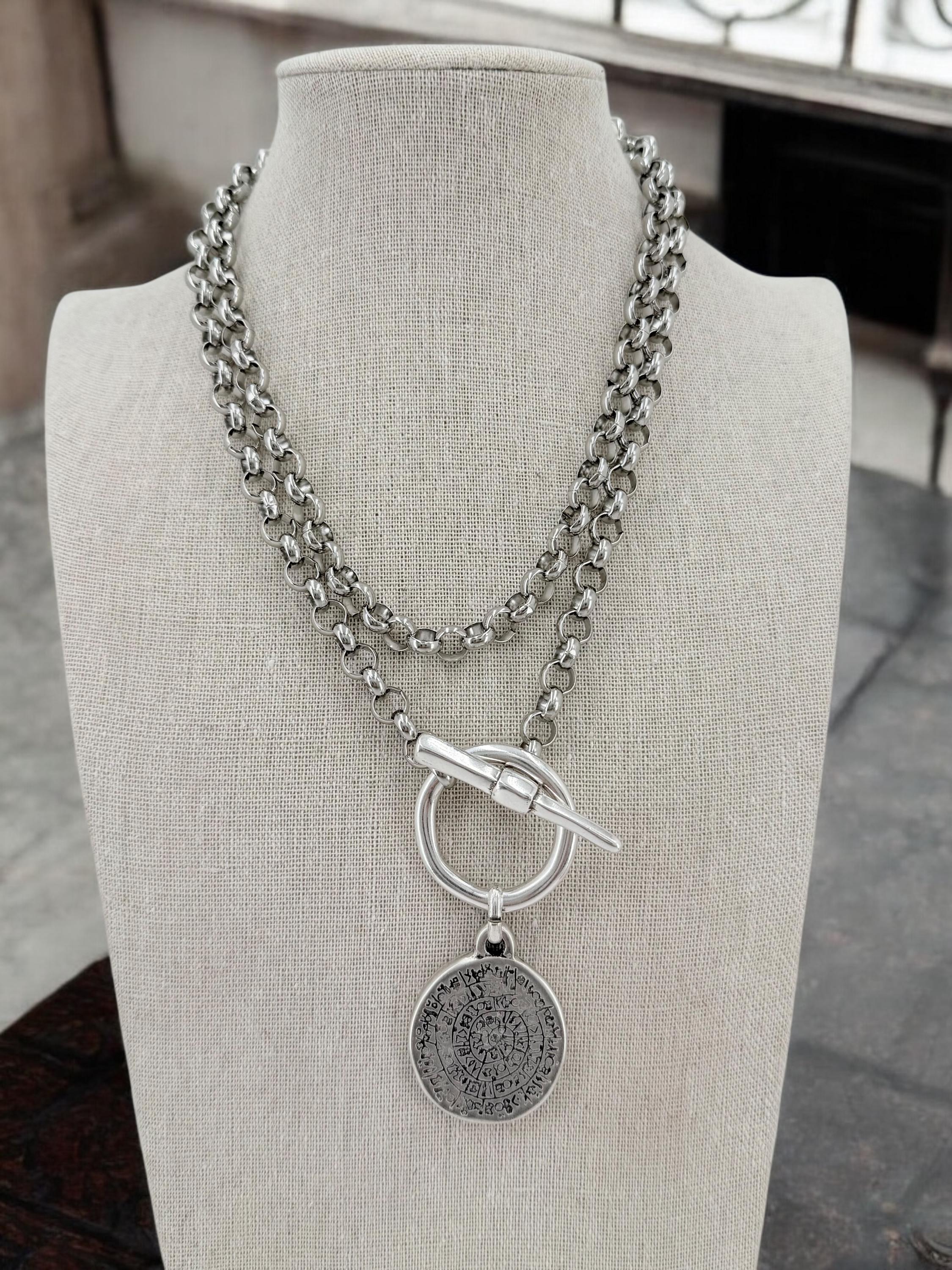Layering dark silver chunky chain toggle necklace with statement antique coin pendant, multi strand choker, layered choker, black necklace,