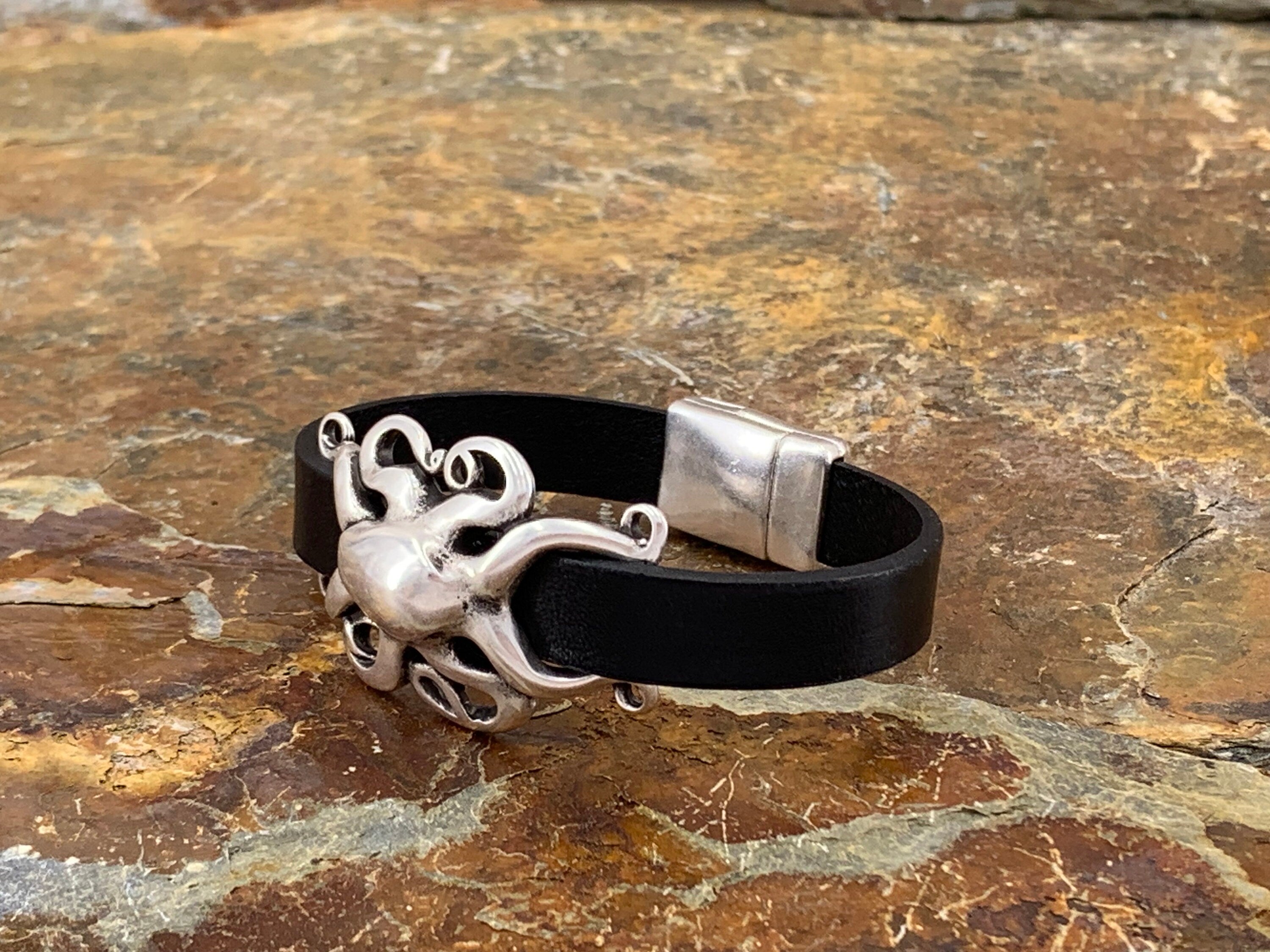 octopus unisex flat leather and silver bracelet with magnetic clasp ideal for birthday present for men and women, stylish leather bracelet