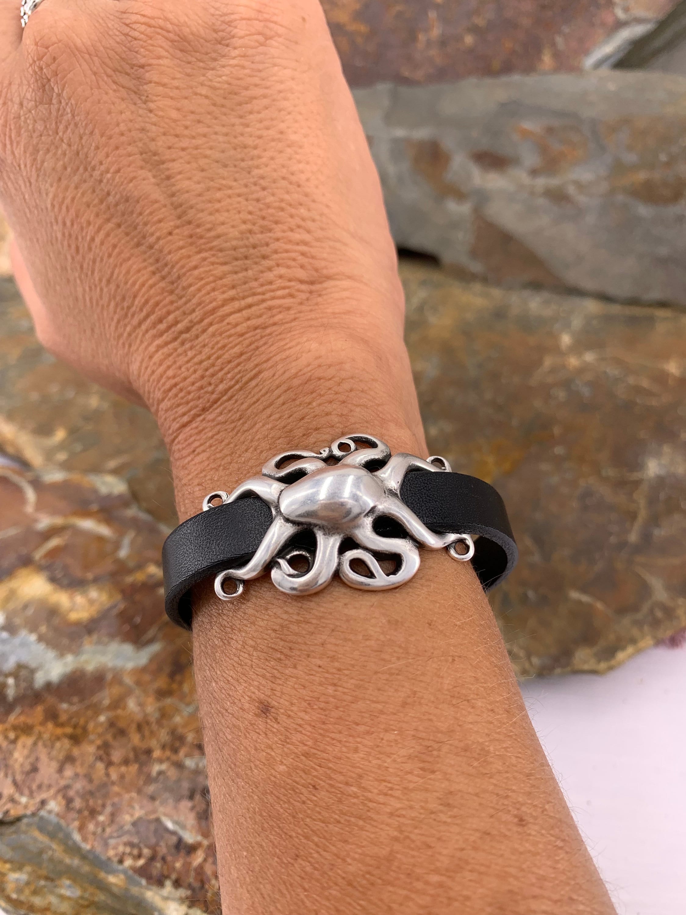 octopus unisex flat leather and silver bracelet with magnetic clasp ideal for birthday present for men and women, stylish leather bracelet