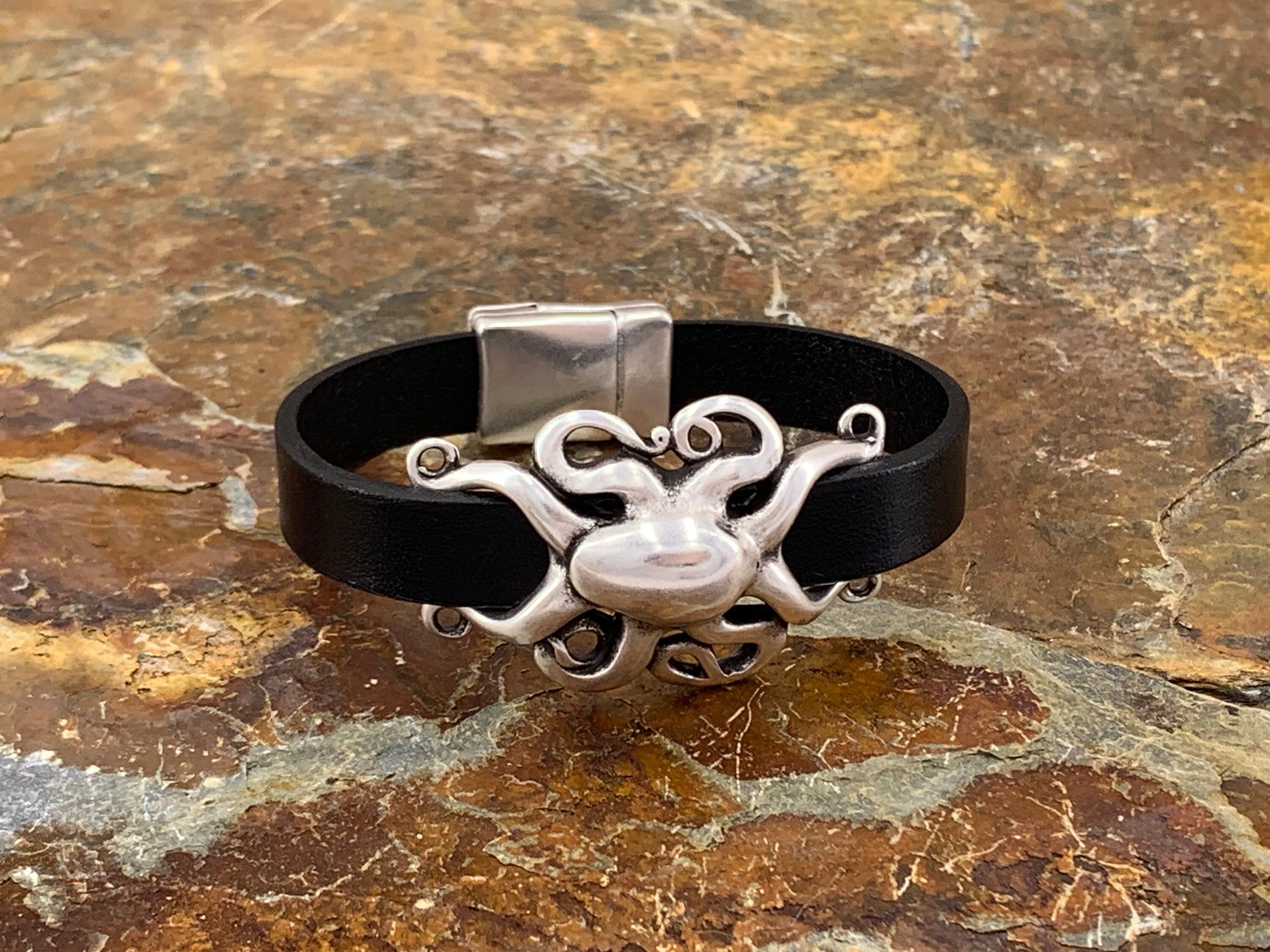 octopus unisex flat leather and silver bracelet with magnetic clasp ideal for birthday present for men and women, stylish leather bracelet