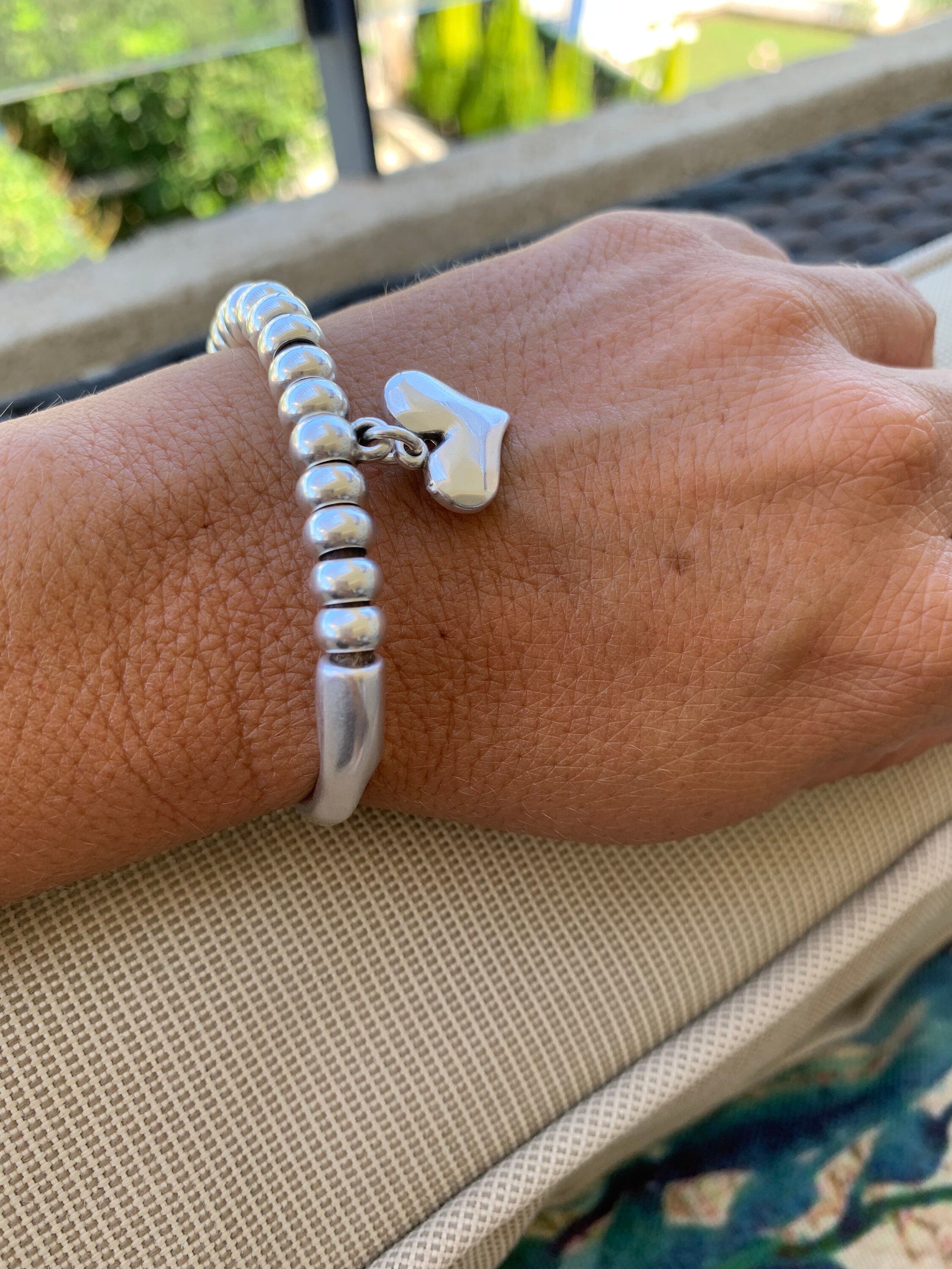 heart pendant bracelet, silver cuff bracelet, beaded bracelet, bohemian bracelet, chunky silver bracelet, statement silver bracelet, gift