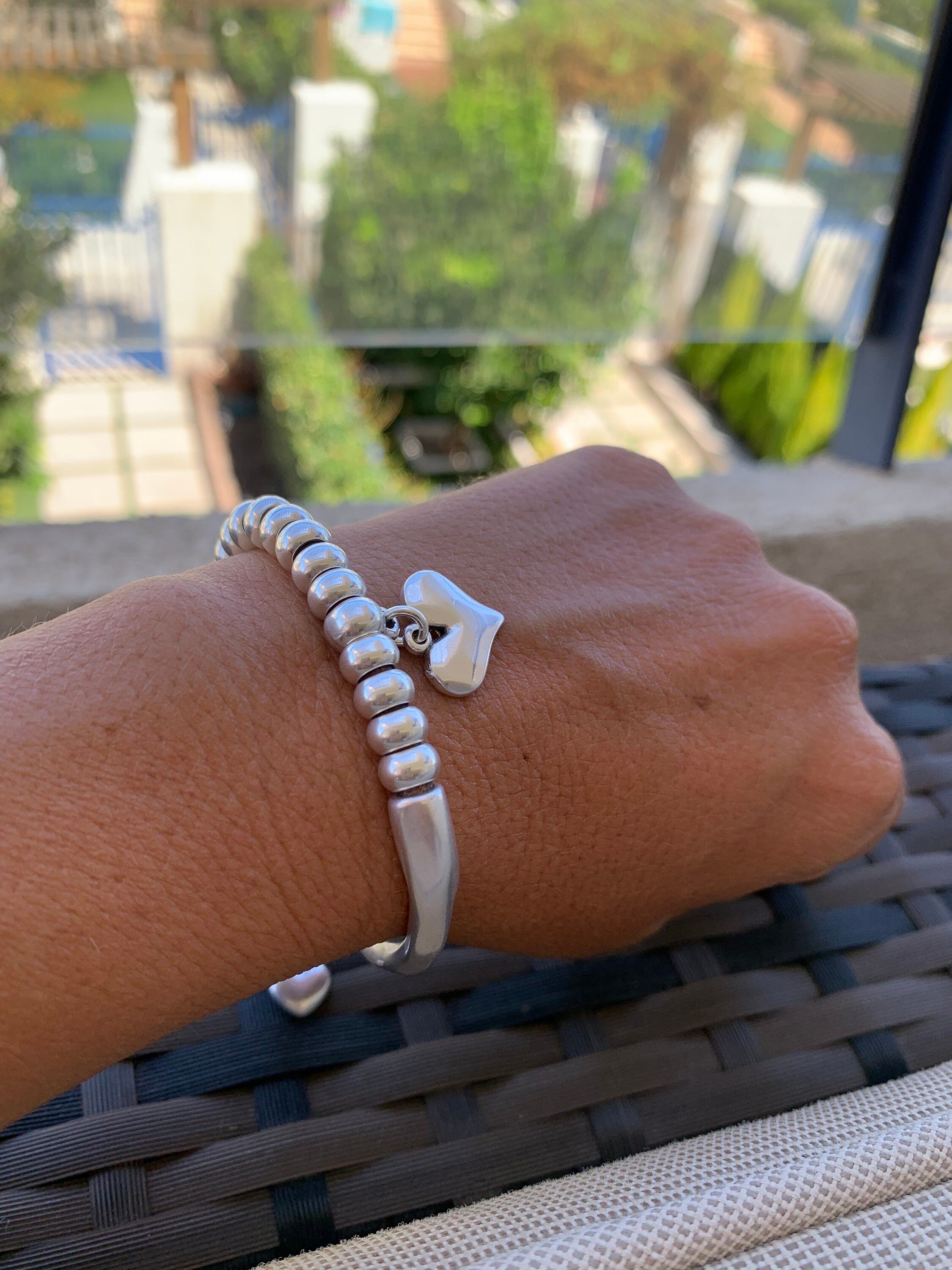 heart pendant bracelet, silver cuff bracelet, beaded bracelet, bohemian bracelet, chunky silver bracelet, statement silver bracelet, gift