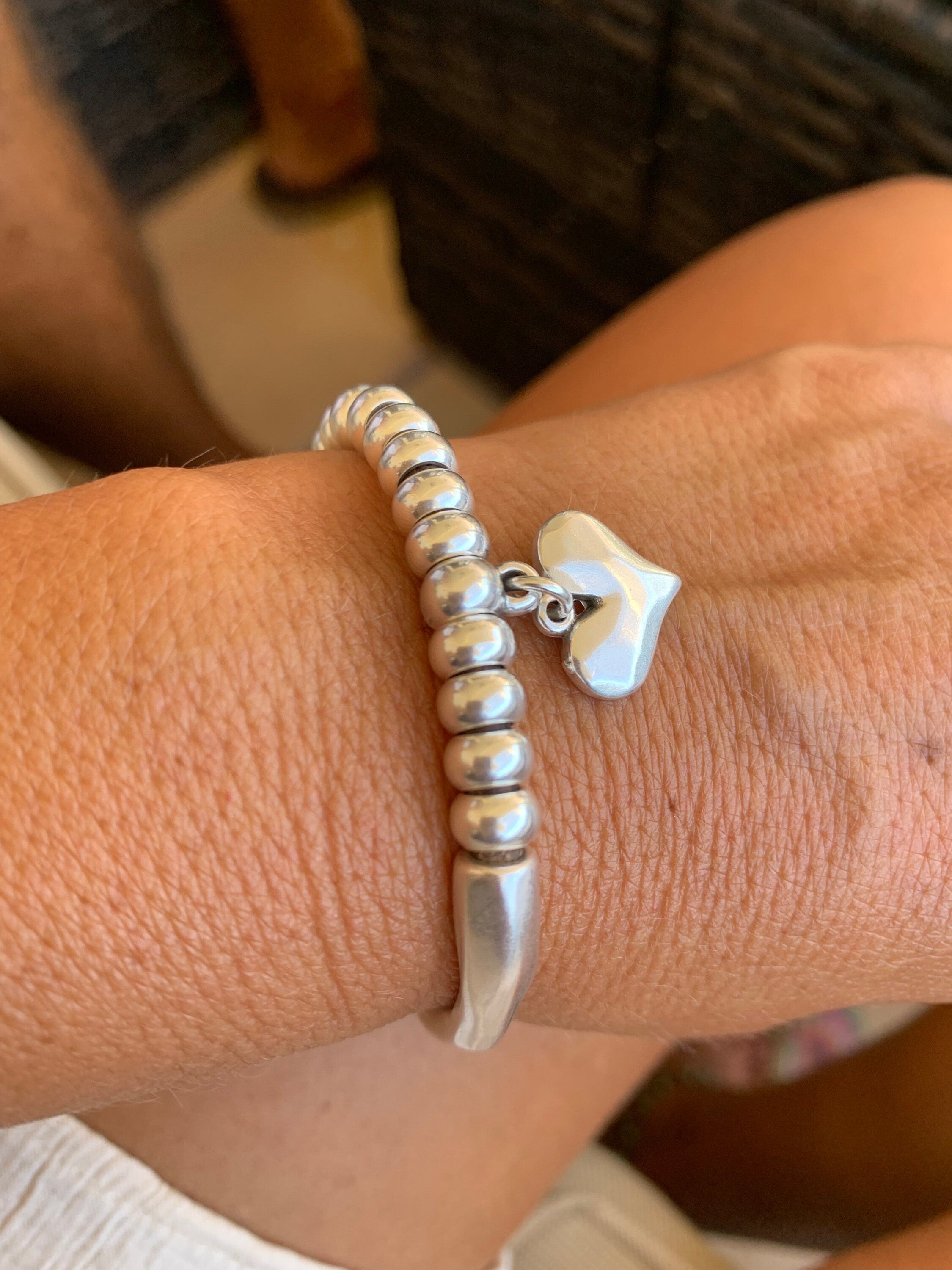 heart pendant bracelet, silver cuff bracelet, beaded bracelet, bohemian bracelet, chunky silver bracelet, statement silver bracelet, gift