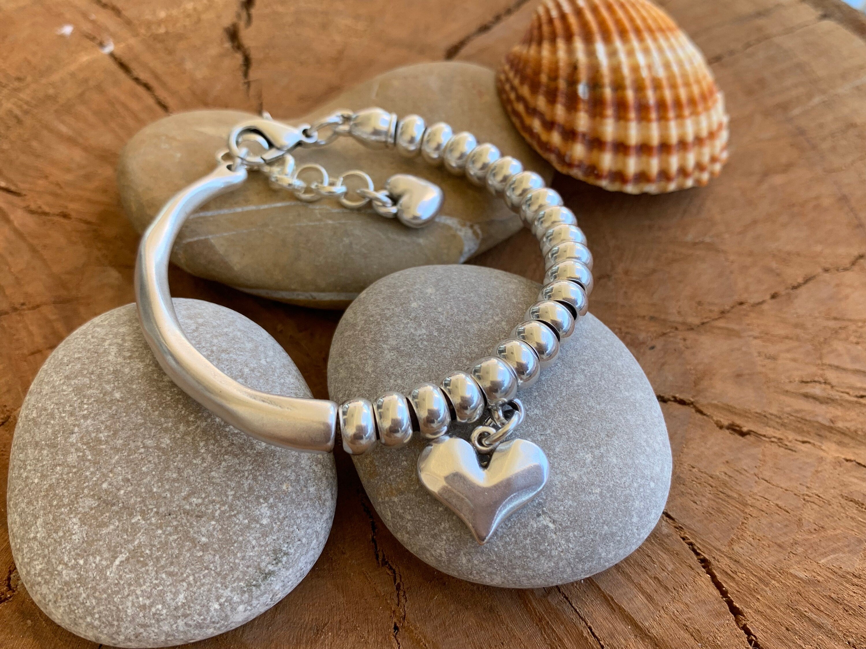 heart pendant bracelet, silver cuff bracelet, beaded bracelet, bohemian bracelet, chunky silver bracelet, statement silver bracelet, gift