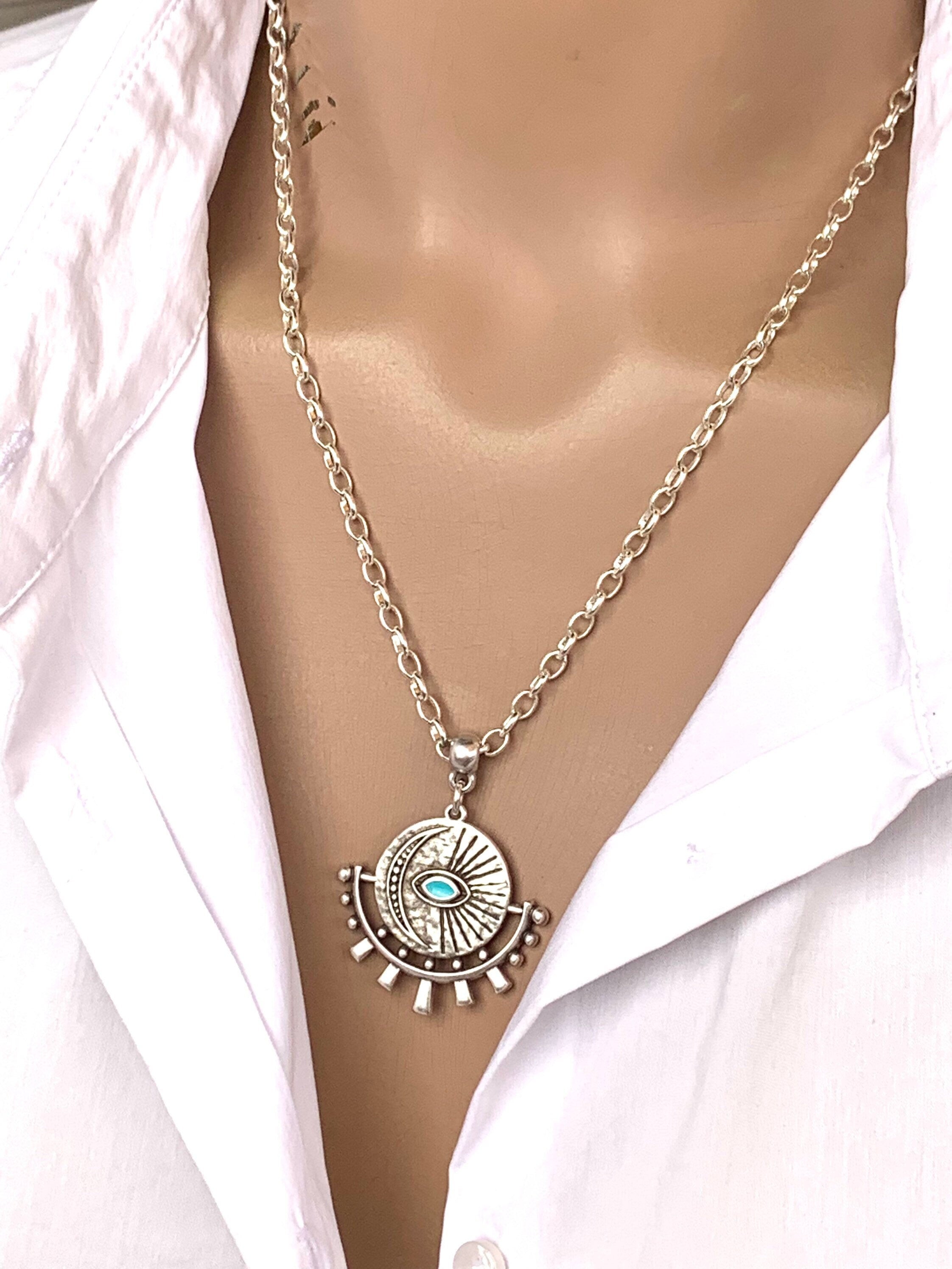 Boho Silver chain necklace for women, protecting eye pendant necklace, tribal necklace, bohemian jewelry, silver chain, ,