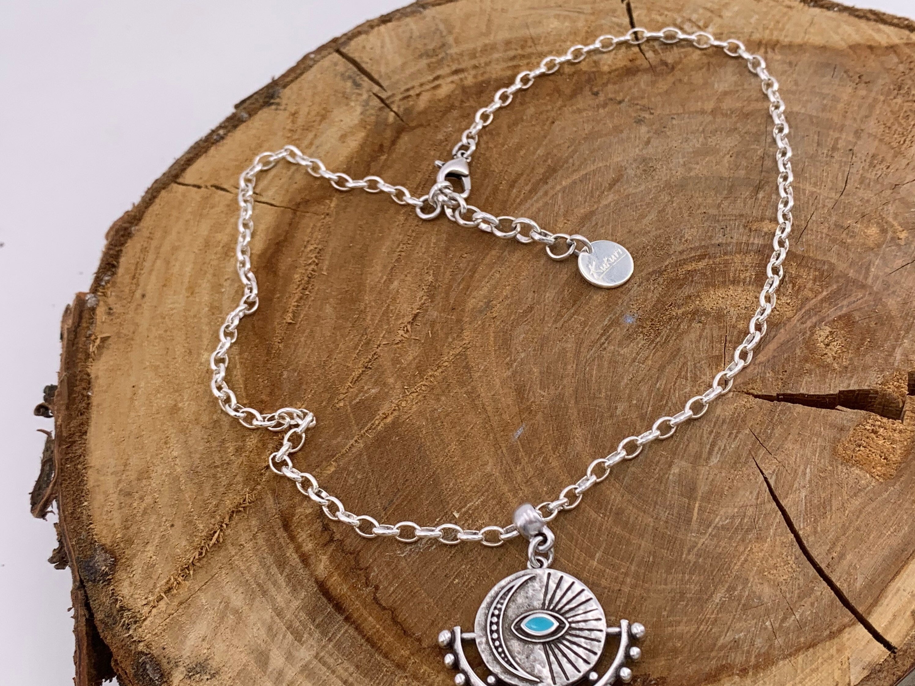 Boho Silver chain necklace for women, protecting eye pendant necklace, tribal necklace, bohemian jewelry, silver chain, ,