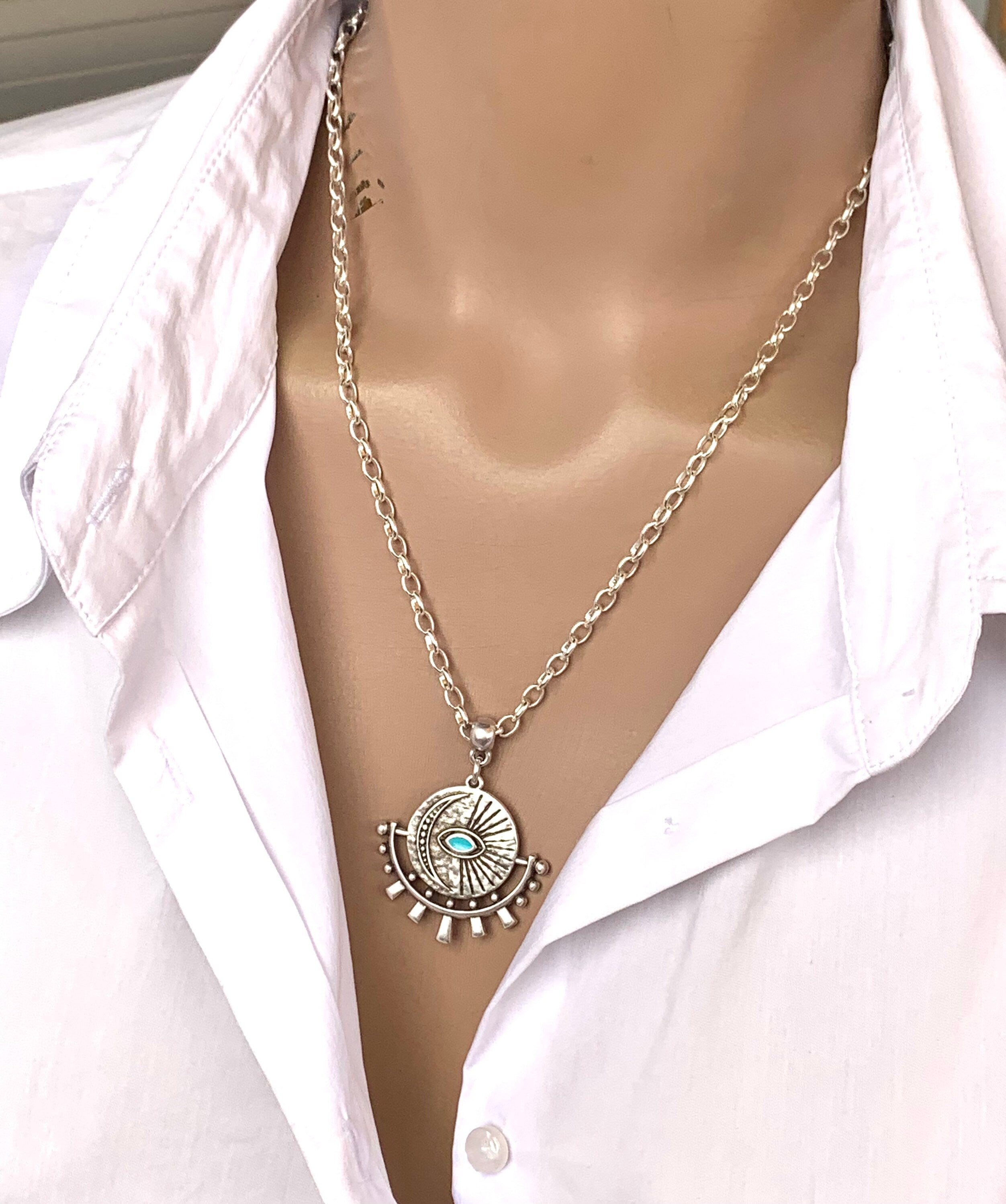 Boho Silver chain necklace for women, protecting eye pendant necklace, tribal necklace, bohemian jewelry, silver chain, ,