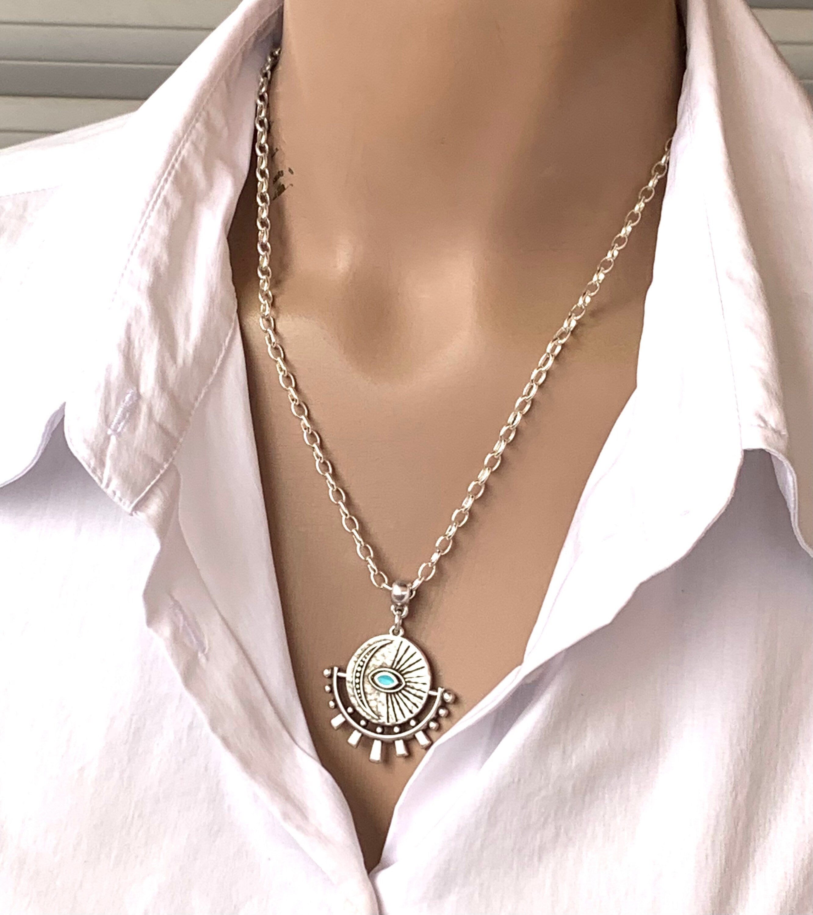 Boho Silver chain necklace for women, protecting eye pendant necklace, tribal necklace, bohemian jewelry, silver chain, ,