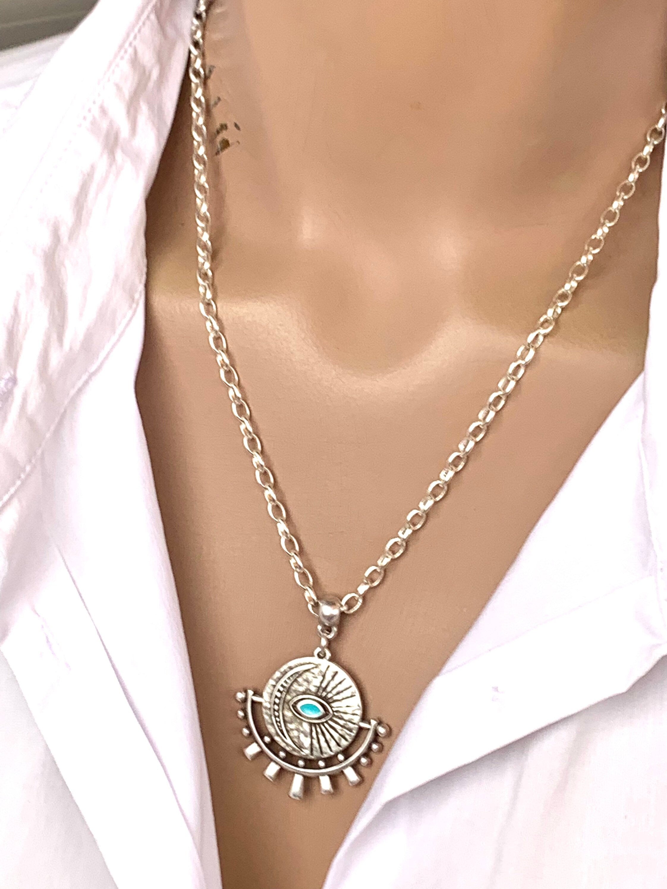 Boho Silver chain necklace for women, protecting eye pendant necklace, tribal necklace, bohemian jewelry, silver chain, ,