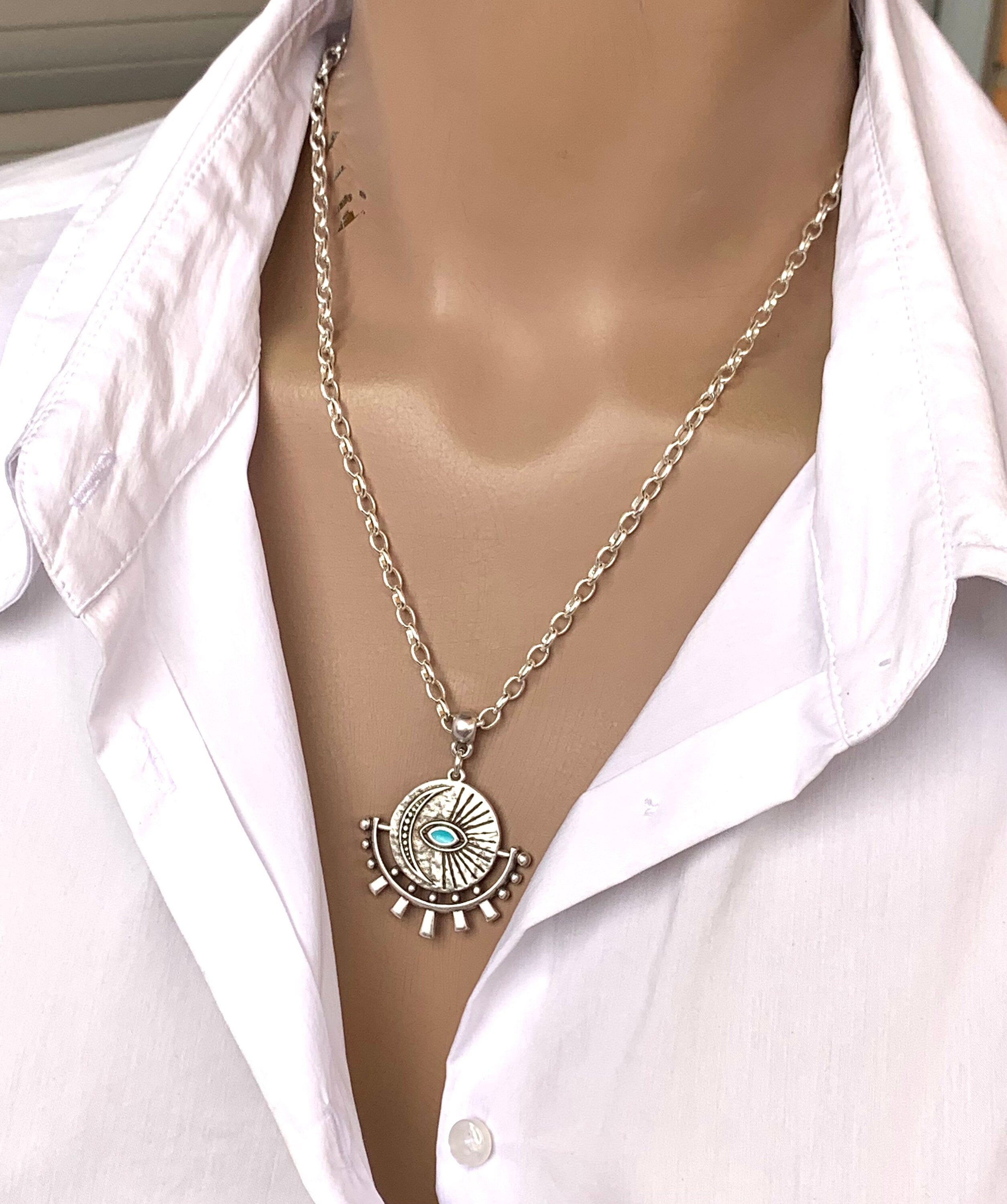 Boho Silver chain necklace for women, protecting eye pendant necklace, tribal necklace, bohemian jewelry, silver chain, ,