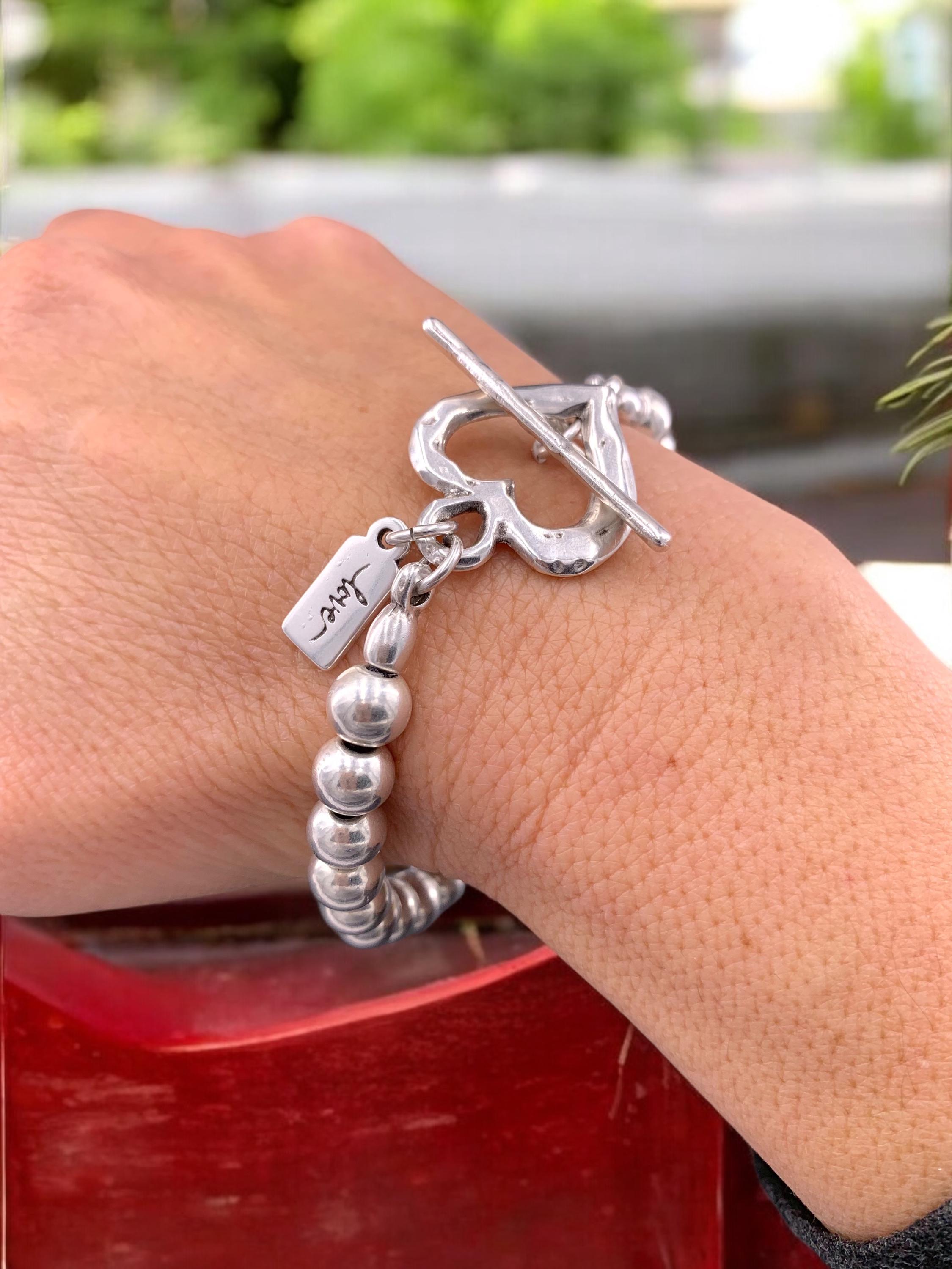 Chunky Silver Beaded Bracelet with Heart Toggle Clasp – Valentine’s Day Gift – Handmade Kukuri Jewelry