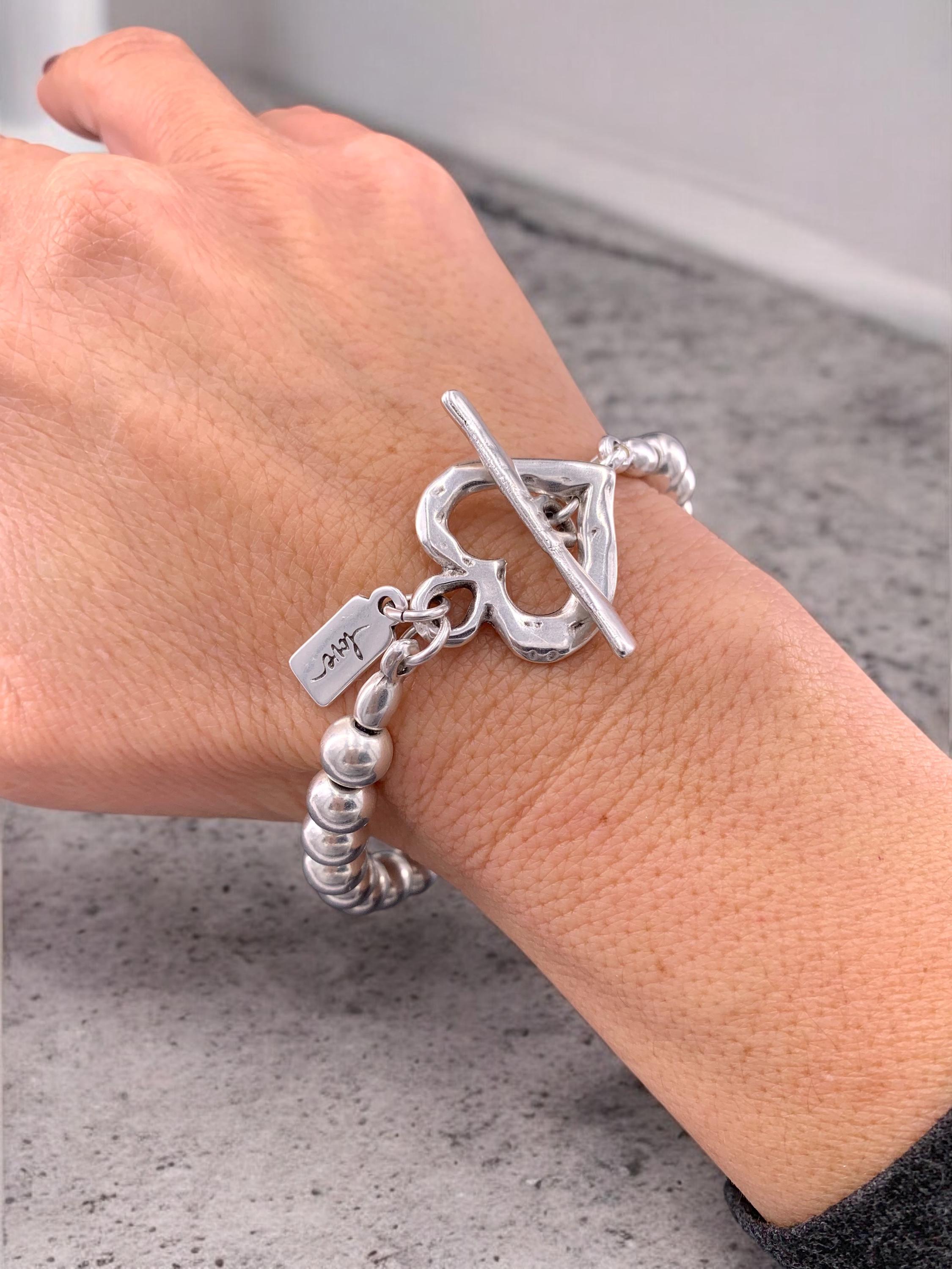 Chunky Silver Beaded Bracelet with Heart Toggle Clasp – Valentine’s Day Gift – Handmade Kukuri Jewelry