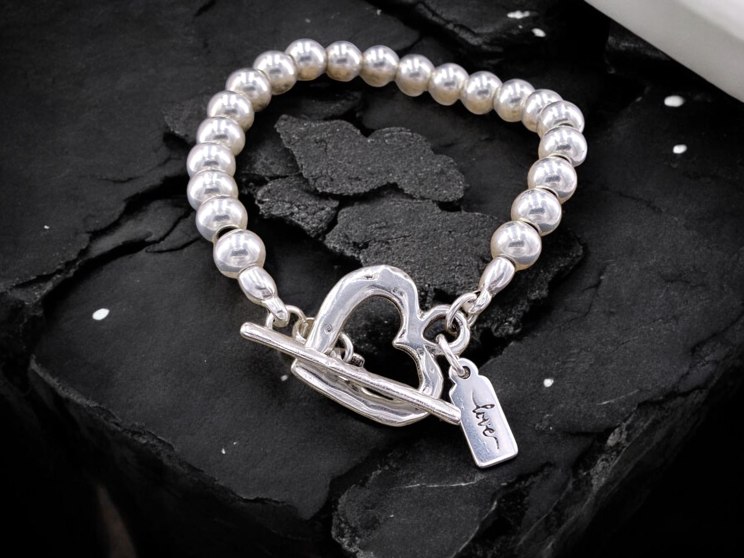 Chunky Silver Beaded Bracelet with Heart Toggle Clasp – Valentine’s Day Gift – Handmade Kukuri Jewelry