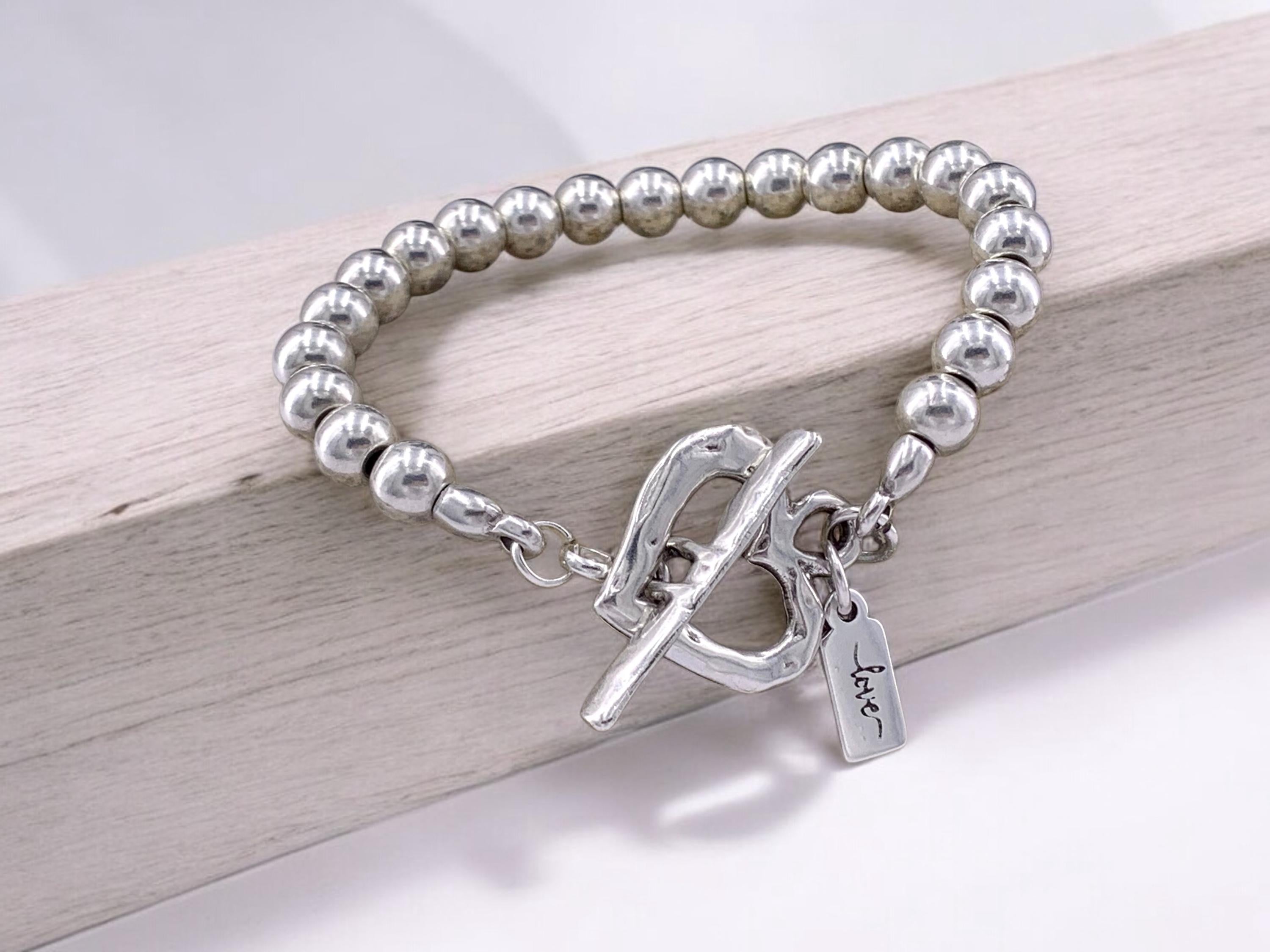 Chunky Silver Beaded Bracelet with Heart Toggle Clasp – Valentine’s Day Gift – Handmade Kukuri Jewelry