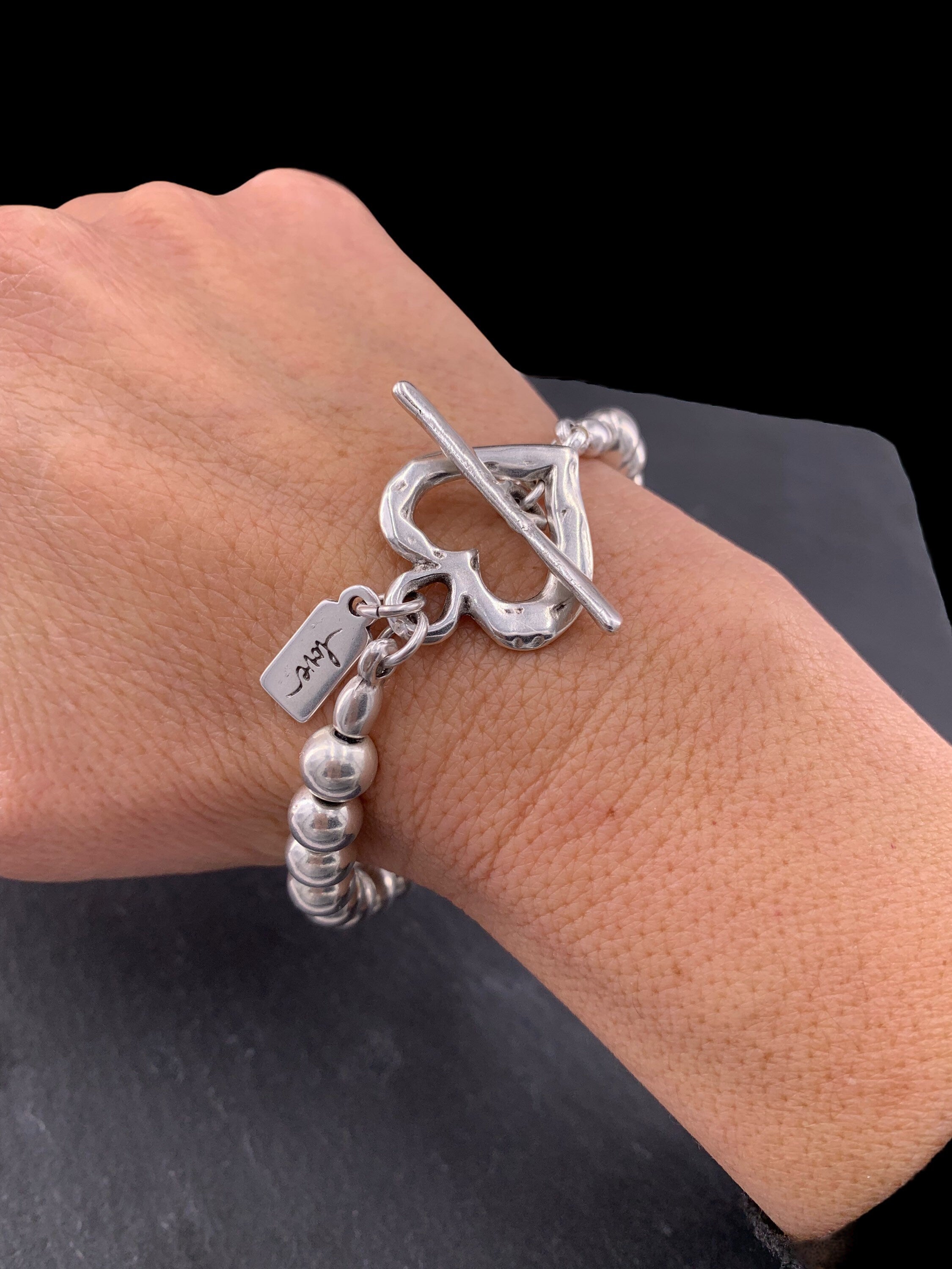 Chunky Silver Beaded Bracelet with Heart Toggle Clasp – Valentine’s Day Gift – Handmade Kukuri Jewelry