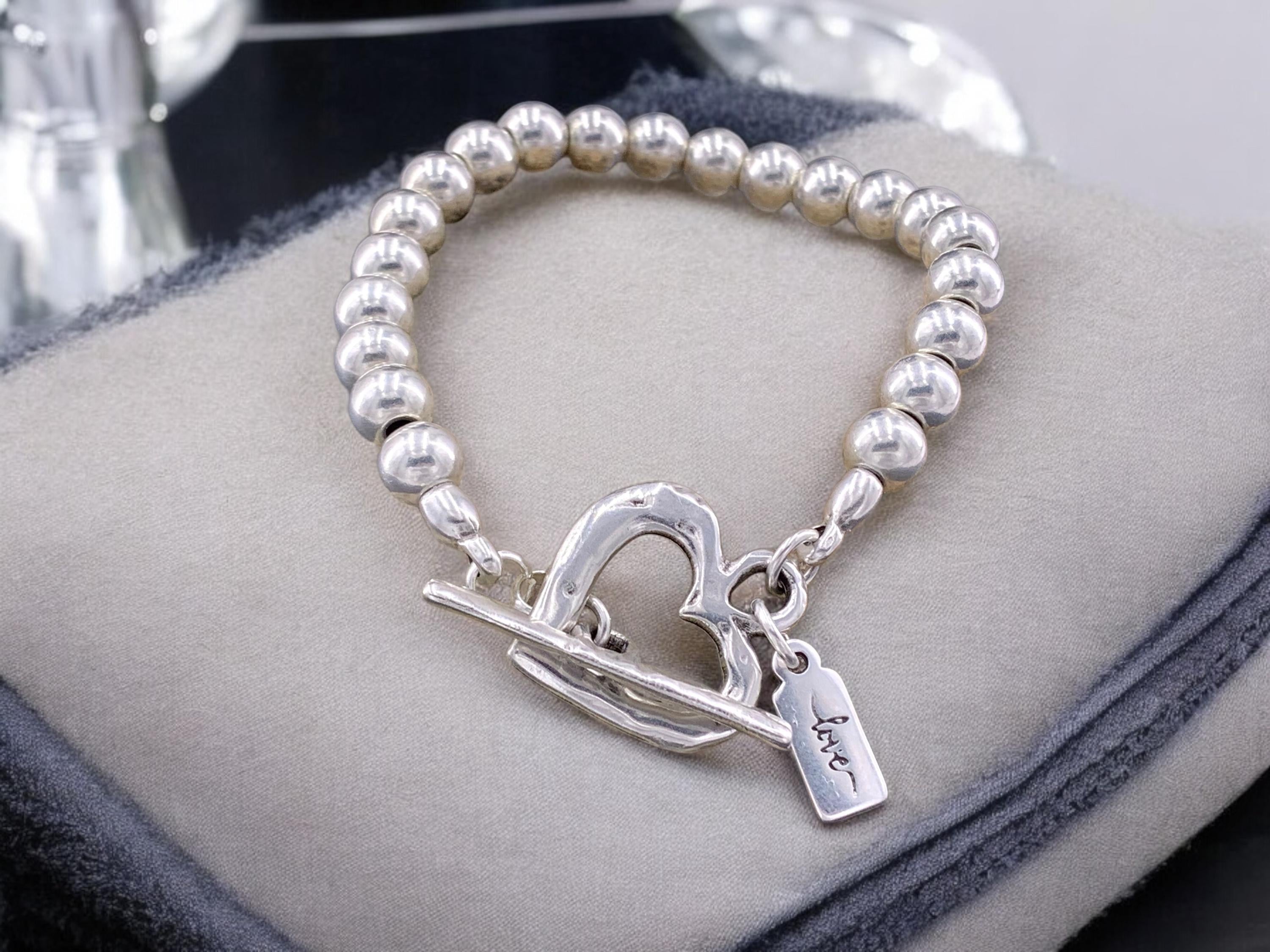 Chunky Silver Beaded Bracelet with Heart Toggle Clasp – Valentine’s Day Gift – Handmade Kukuri Jewelry